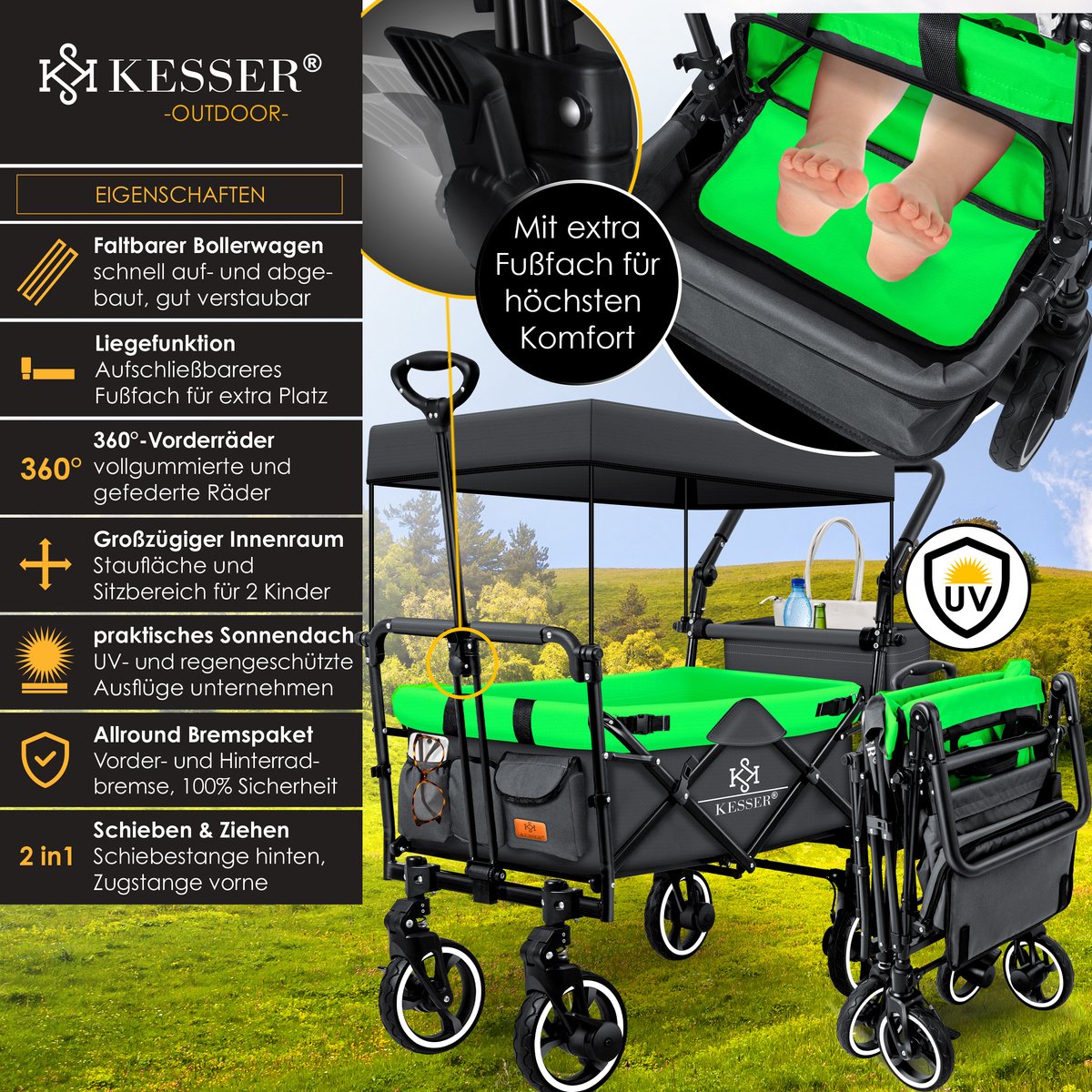 KESSER® Bolderkar GTS-9100 opvouwbaar met Dak tot 80 kg draagvermogen - Antraciet / Neongroen