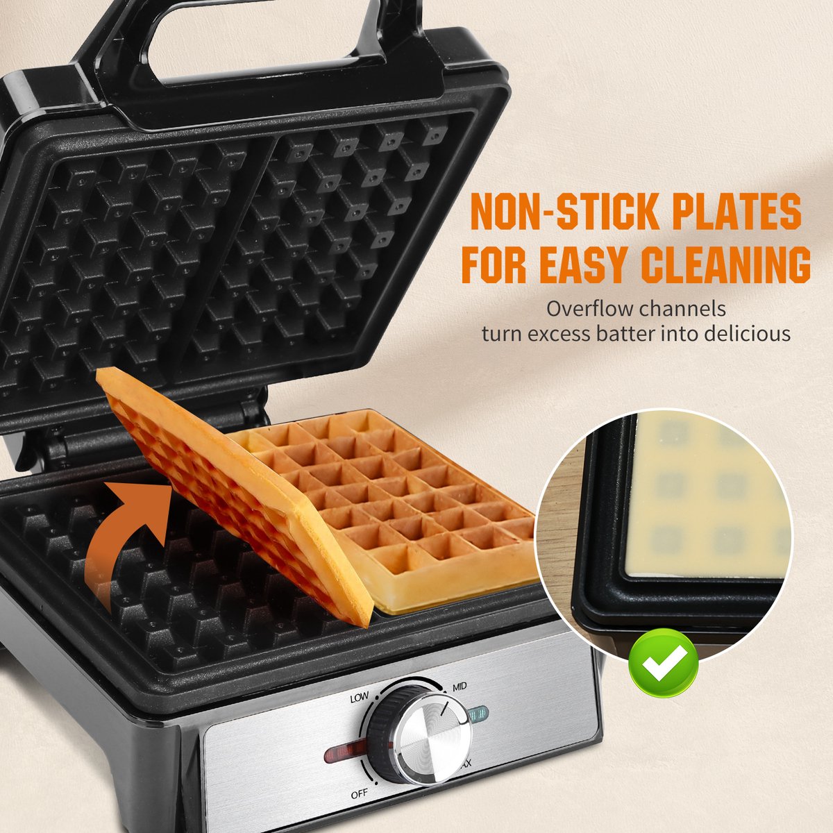Aigostar Savory - Wafelijzer - 2 Belgische wafels - 4x7 - Regelbare thermostaat - Anti aanbaklaag - RVS - 20 x 17 cm - 1600W - Zwart •