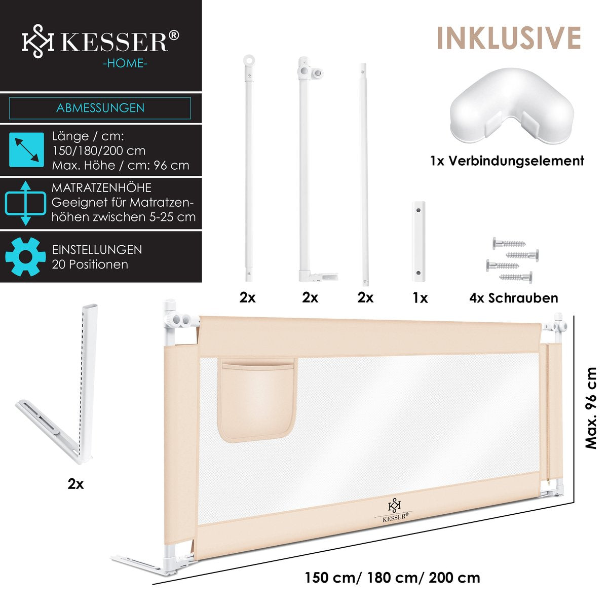 KESSER® bedhekje - Bedhek Kinderbedhek voor kinderen Baby bedhek Valbeveiligingsbed voor Bed & boxspring - 200cm, Beige