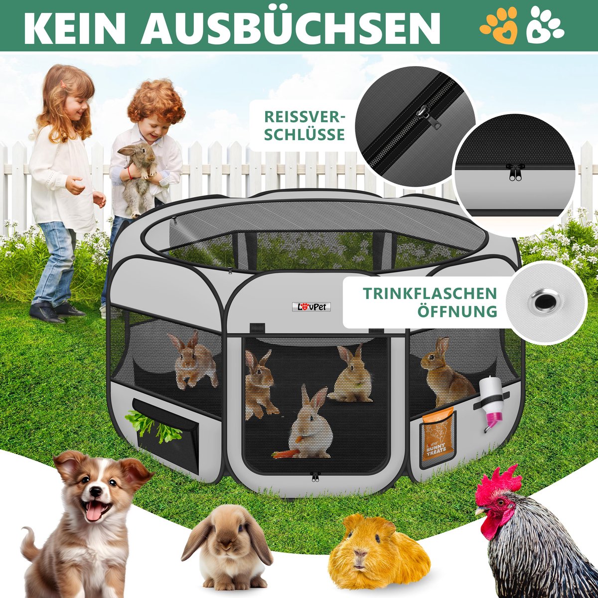 LOVPET® Puppyren voor Kleine Dieren Honden Katten - Opvouwbaar Hondenren inclusief kom en Haringen - Puppy Ren Pop-up Systeem Indoor & Outdoor Konijnenren - Lichtgrijs