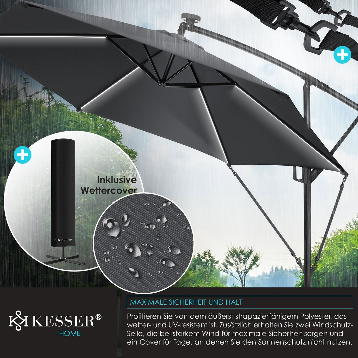 KESSER® Zweefparasol met voet - LED - Ø 3m - 360° Draaibaar  - Antraciet •