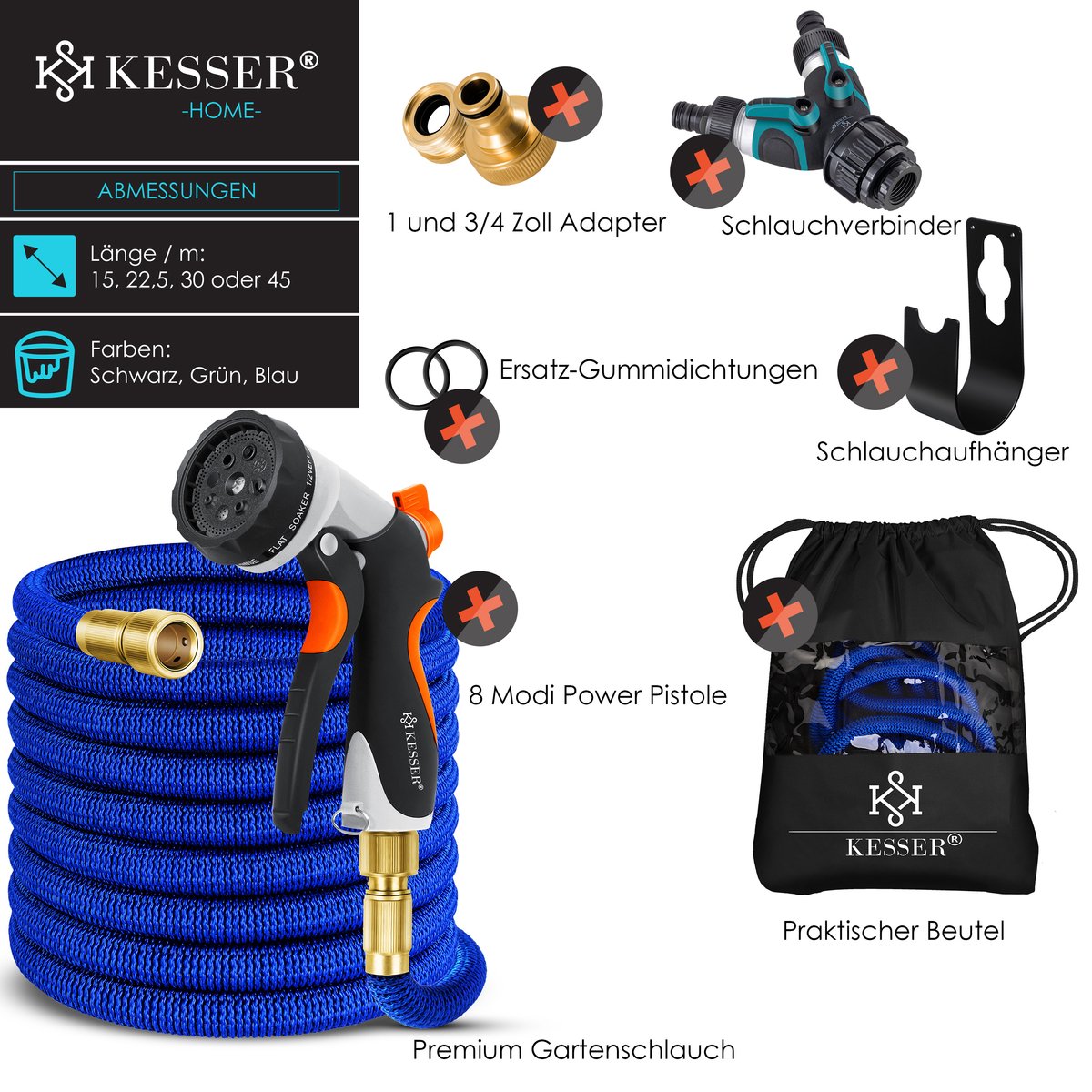 KESSER® Premium Tuinslang flexibel 22,5 meter - uitrekbare Tuinslang inclusief aansluitingen, Ophanghaak en Sproeikop - Blauw