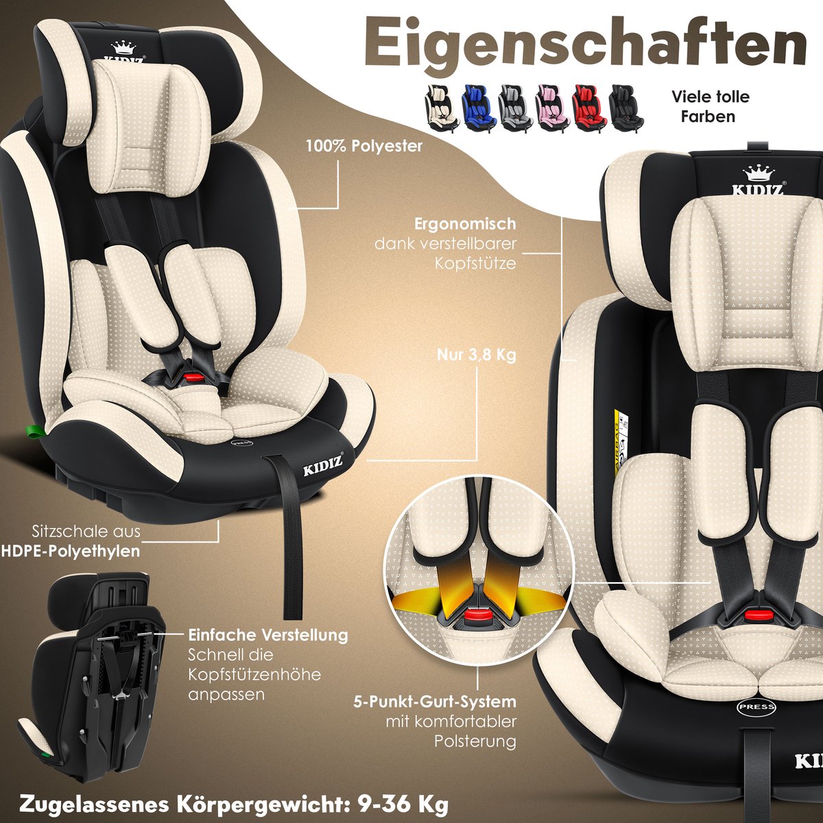 KIDIZ® Autostoeltje - 5-punts veiligheidsgordel - Beige