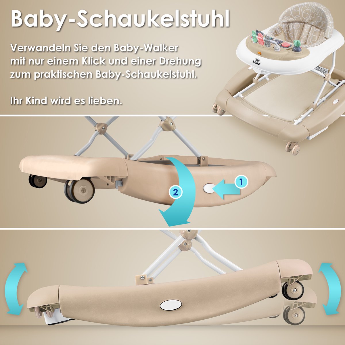 KIDIZ® 4in1 Baby walker - Loopstoel - Loopwagen - Opvouwbaar - Khaki •