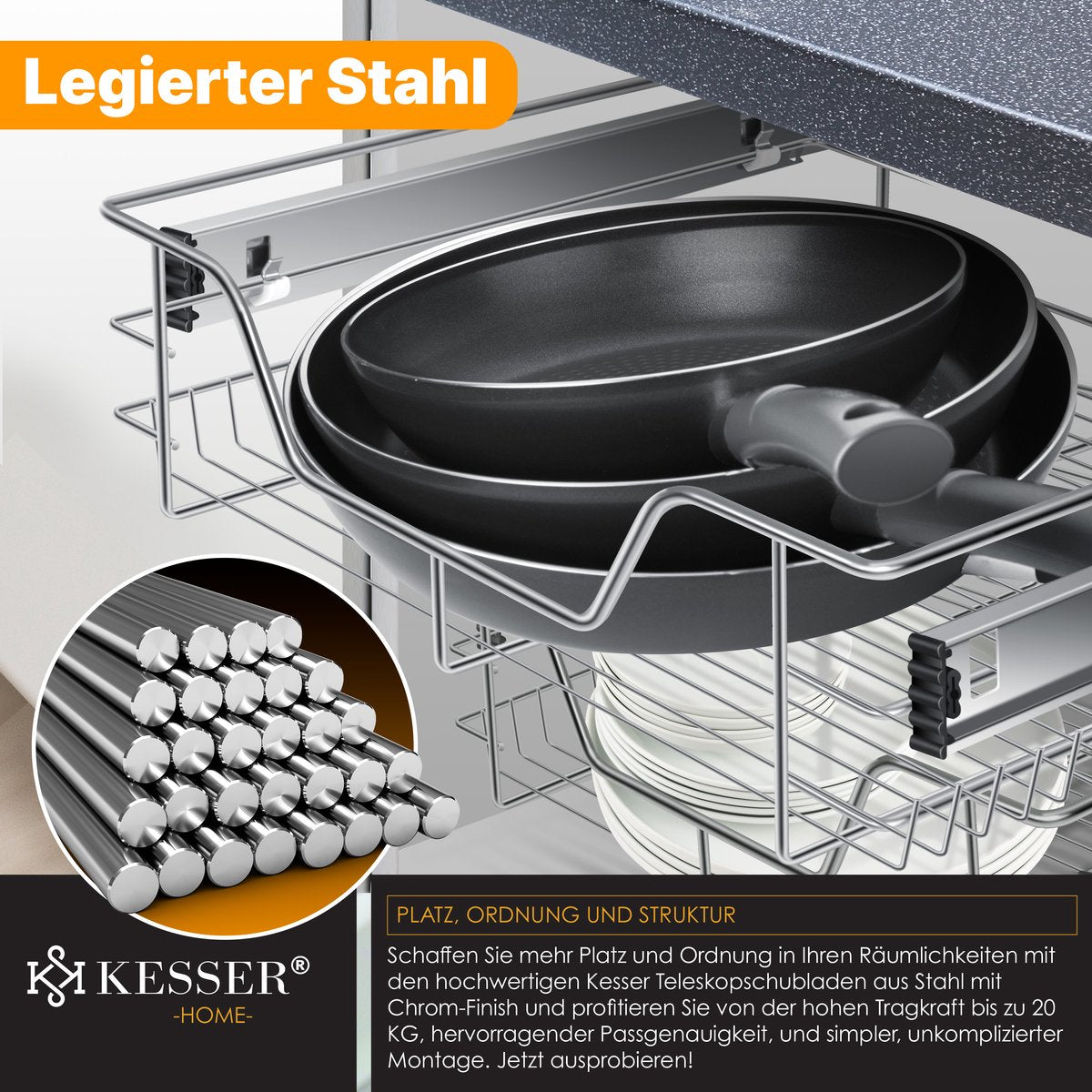 KESSER® Keukenlade - Telescopische lade - 50cm - Zilver