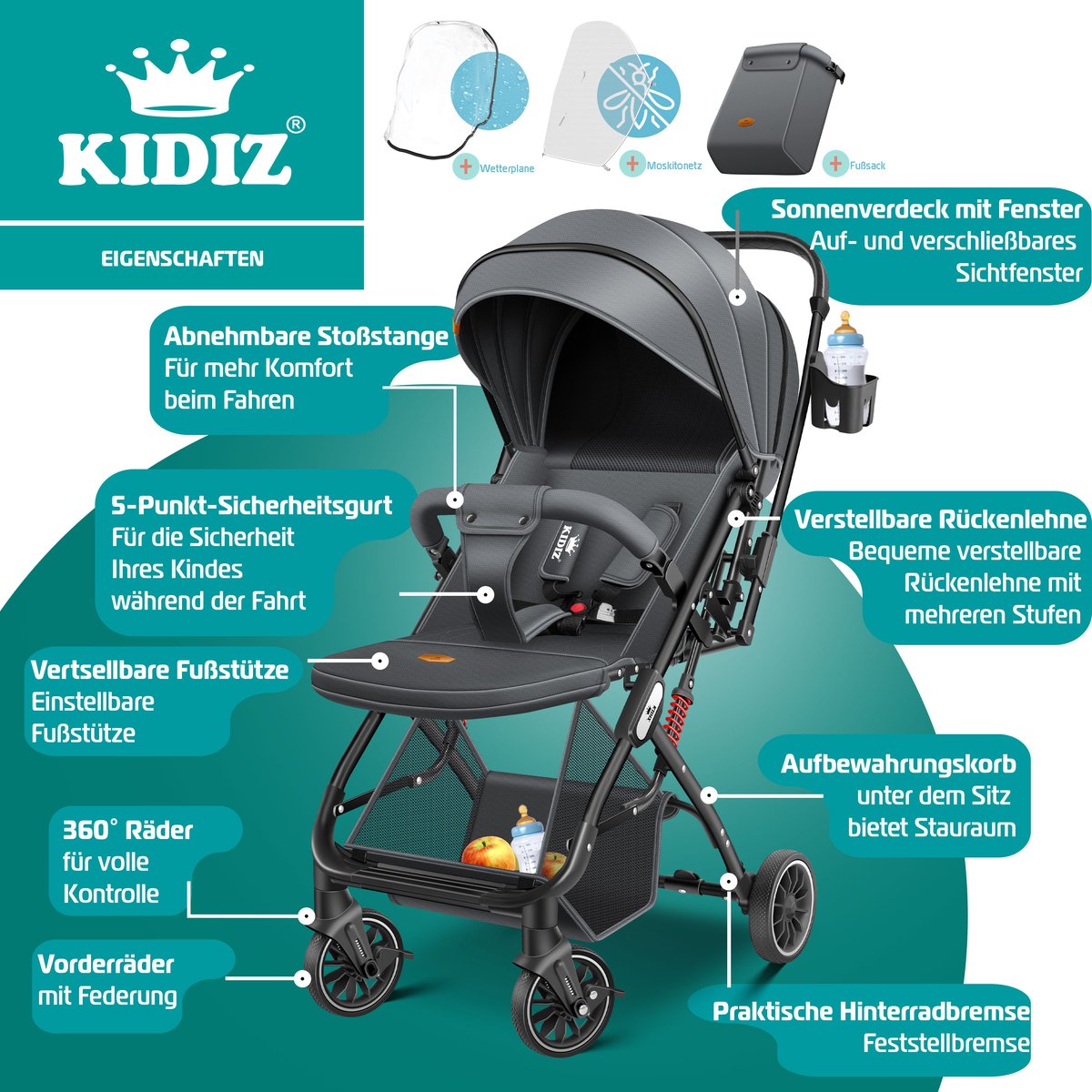 KIDIZ® Buggy 3 in 1 Kinderwagen Inklapbaar met voetenzak Baby Plooibuggy Wandelwagen inclusief Bekerhouder, regenhoes & klamboe Reisbuggy - Antraciet / Zwart