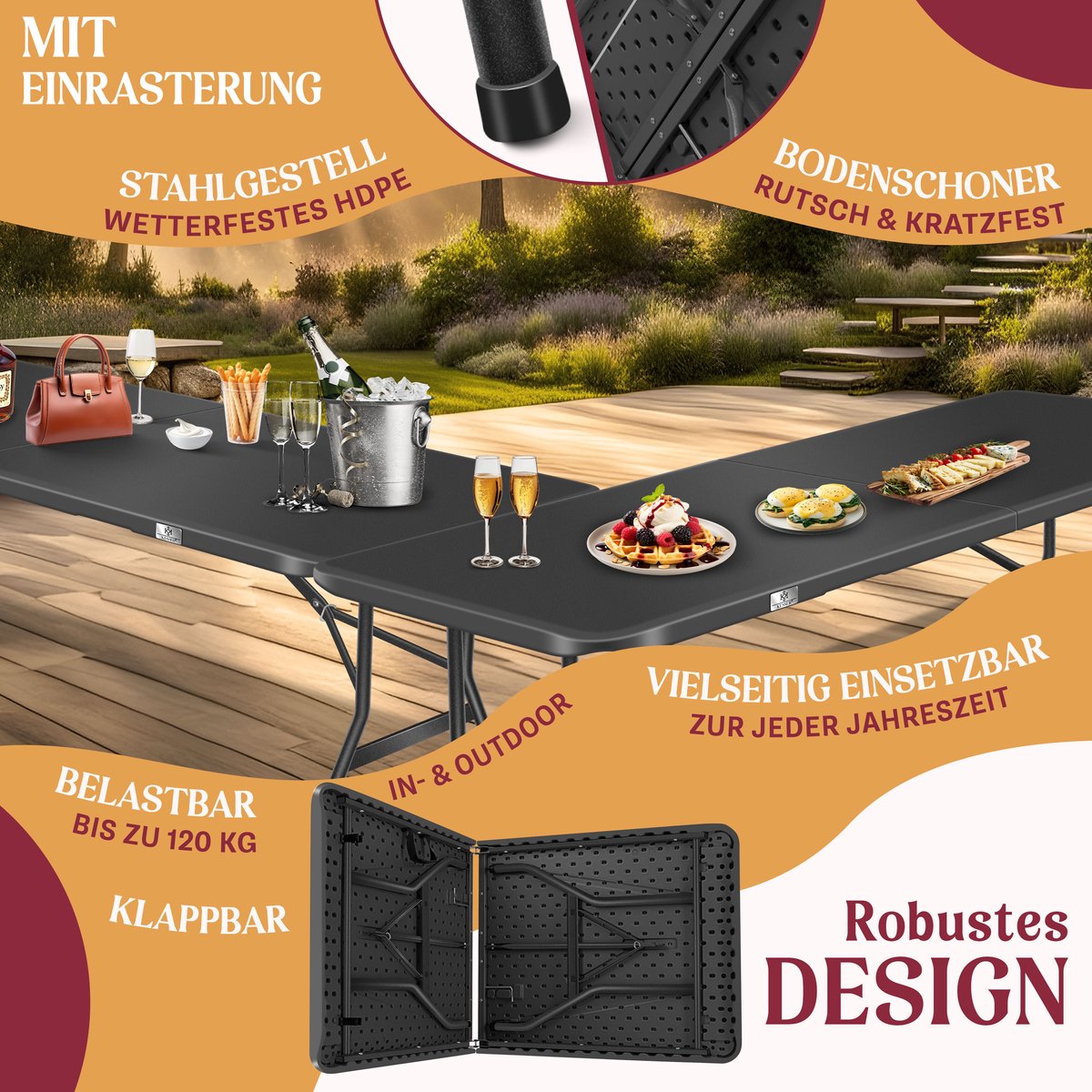 KESSER® Inklapbare Tafel - Campingtafel - Klaptafel - 183x76cm - Antraciet