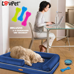 LovPet® Hondenmand Orthopedisch Hondenbed Hondenkussen Relax, Inclusief Kom + 3X Kauwbotten, Hondenbank voor Kleine, Middelgrote & Grote Honden, Hoes Afneembaar en Wasbaar - M (91 x 71 x 25 cm), Marineblauw