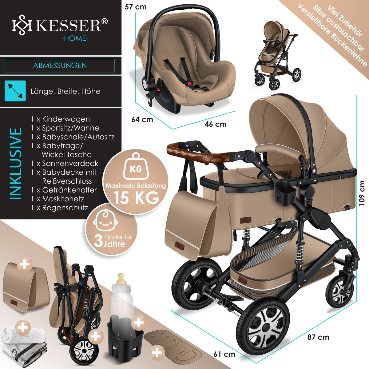Kinderwagen 3 in 1 - Buggy - Wandelwagen - Kinderbuggy - Beige - KESSER®