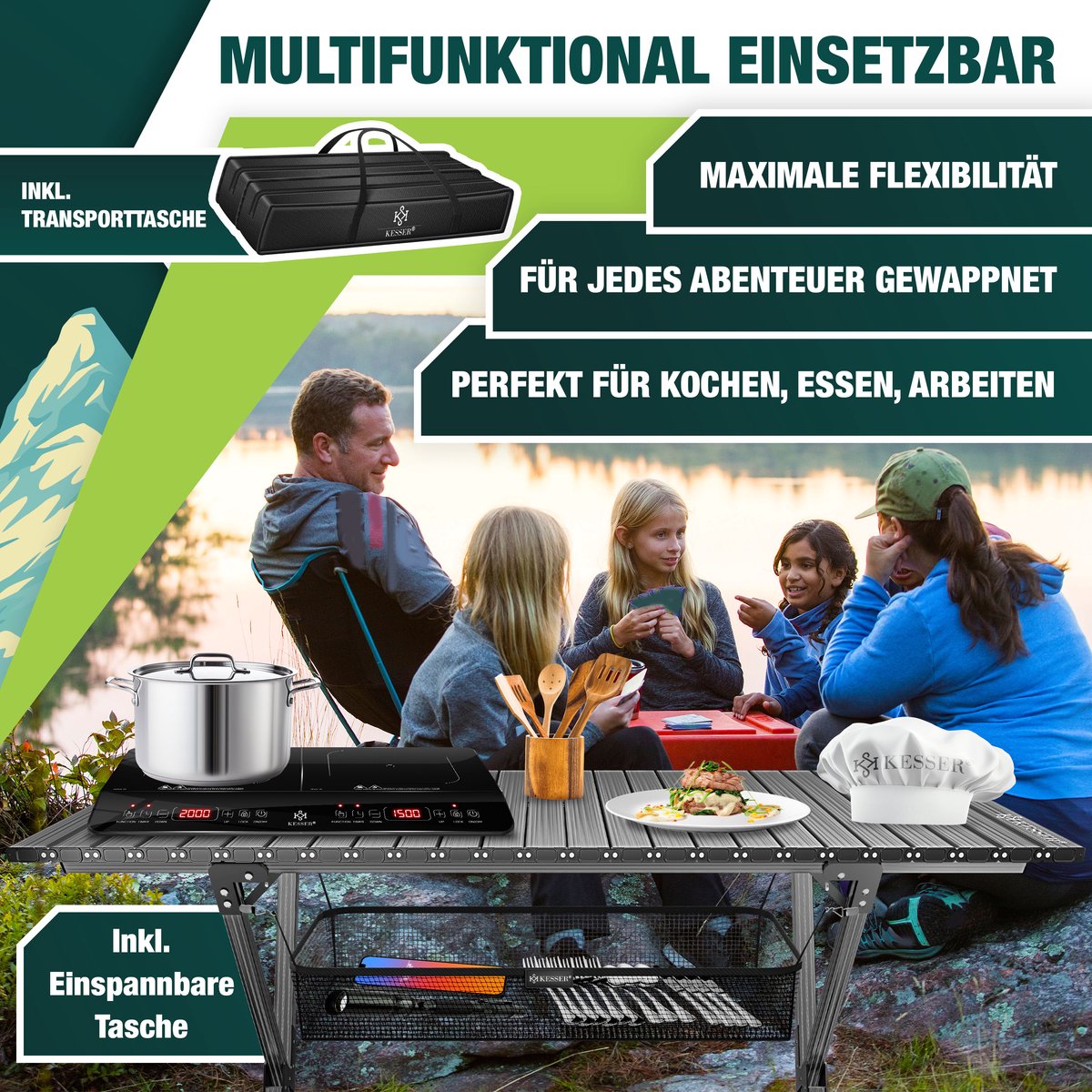 KESSER® Campingtafel Opvouwbaar - Verstelbaar - 145x70 cm - Antraciet •