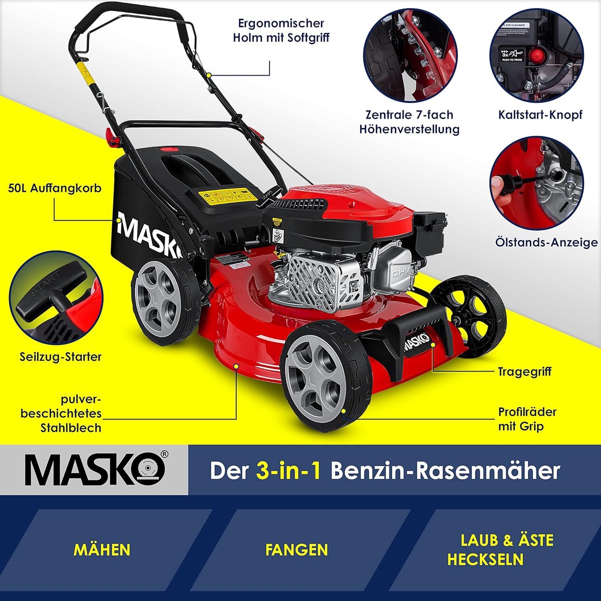 KESSER® Grasmaaier Benzine - 46cm - 50L opvangbak - Rood