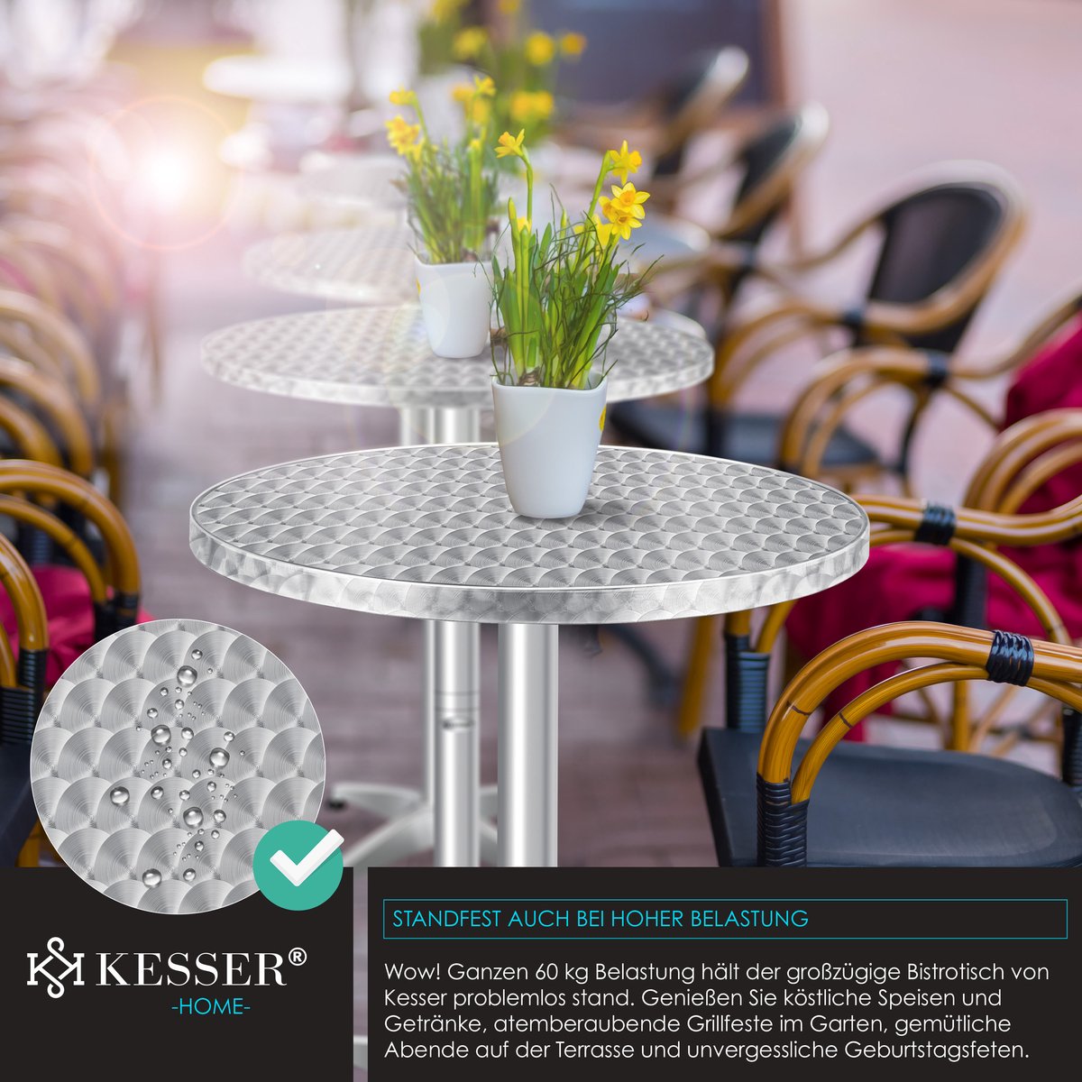 KESSER® bartafel bistrotafel 2in1 aluminium roestvrij stalen blad | in hoogte verstelbaar | 70cm / 115cm | partytafel tafel Ø 80cm | binnen & buiten | bruiloft | receptietafel | 4 poten - Zilver