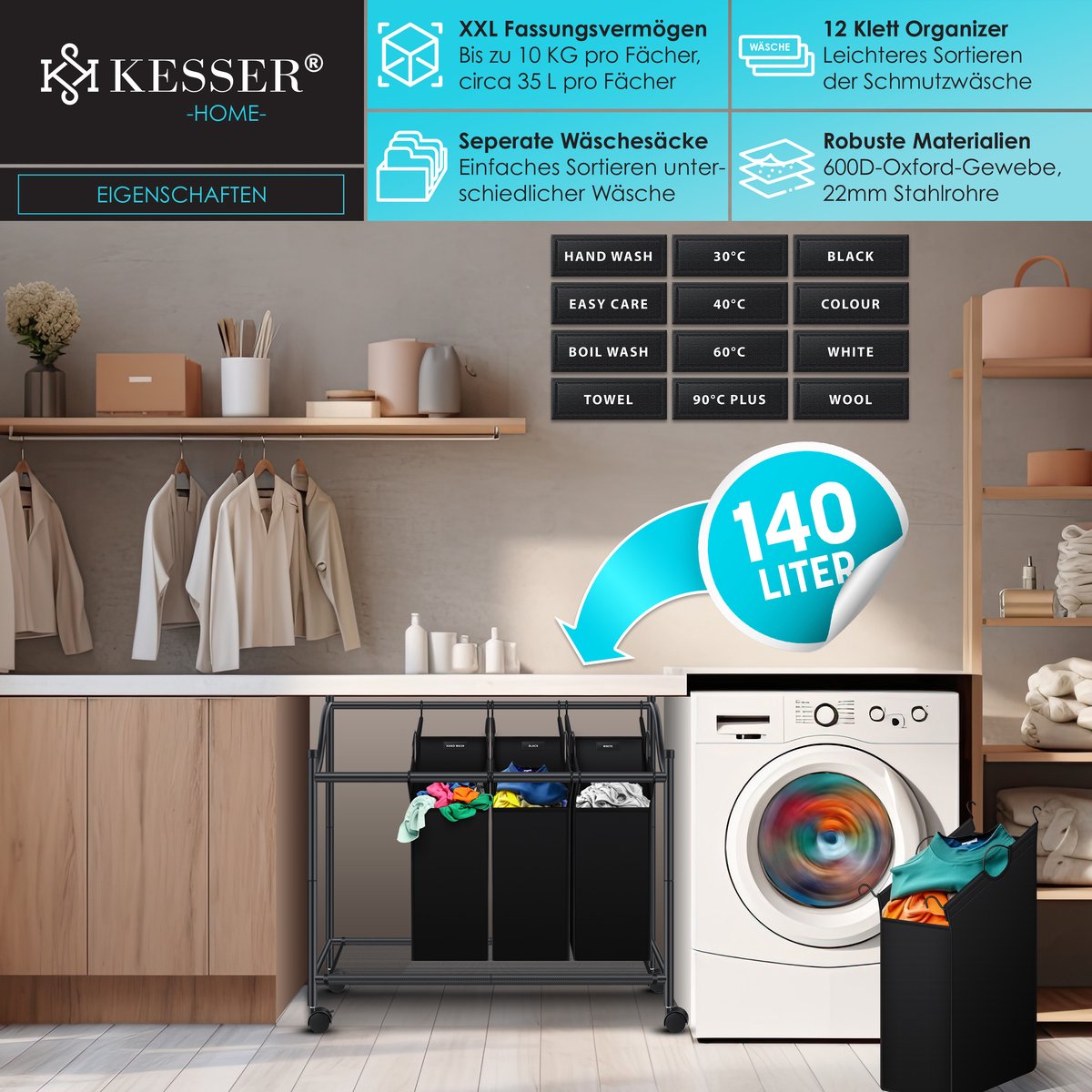 KESSER® Wasmand op Wieltjes - 4 Vakken - Wassorteerder - Zwart •