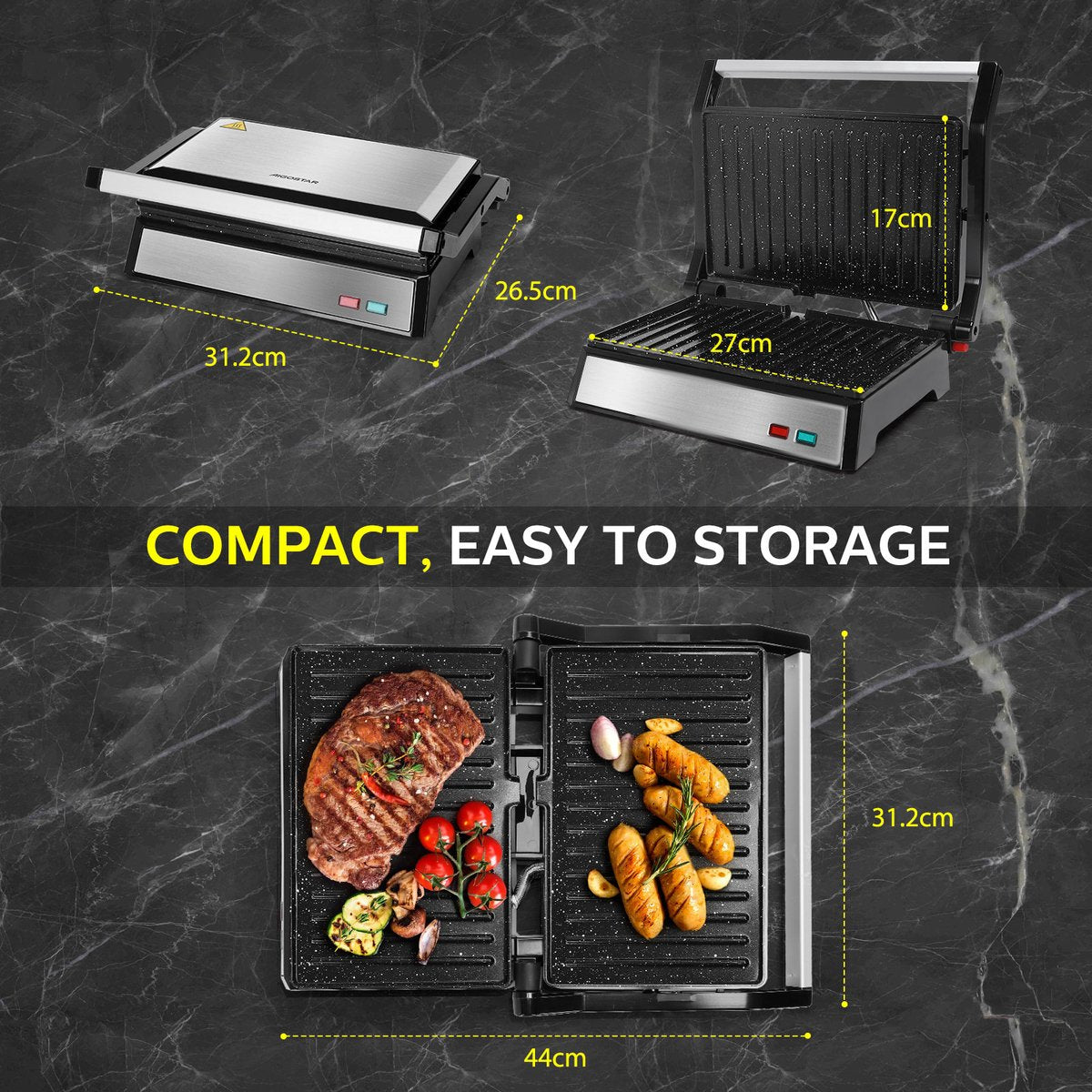 Aigostar Contactgrill - Panini Grill - 1500W - RVS/Zwart