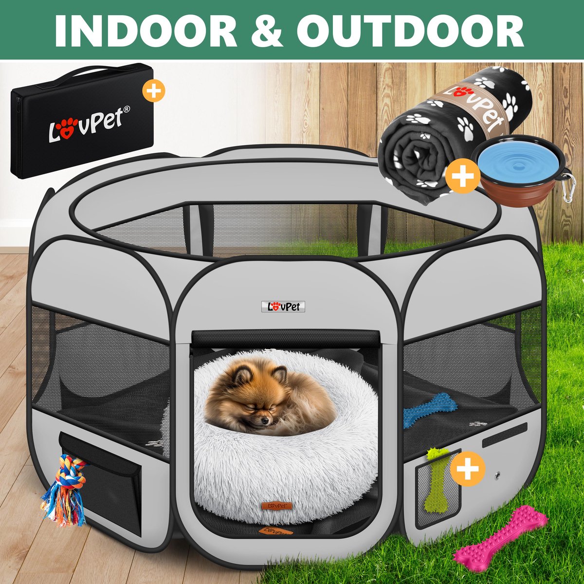 LOVPET® Puppyren voor Kleine Dieren Honden Katten - Opvouwbaar Hondenren inclusief kom en Haringen - Puppy Ren Pop-up Systeem Indoor & Outdoor Konijnenren - Lichtgrijs