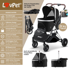LOVPET® Hondenbuggy 3-in-1 – Opvouwbare Hondenwagen met Tas – Zwart/Zilver – 32kg