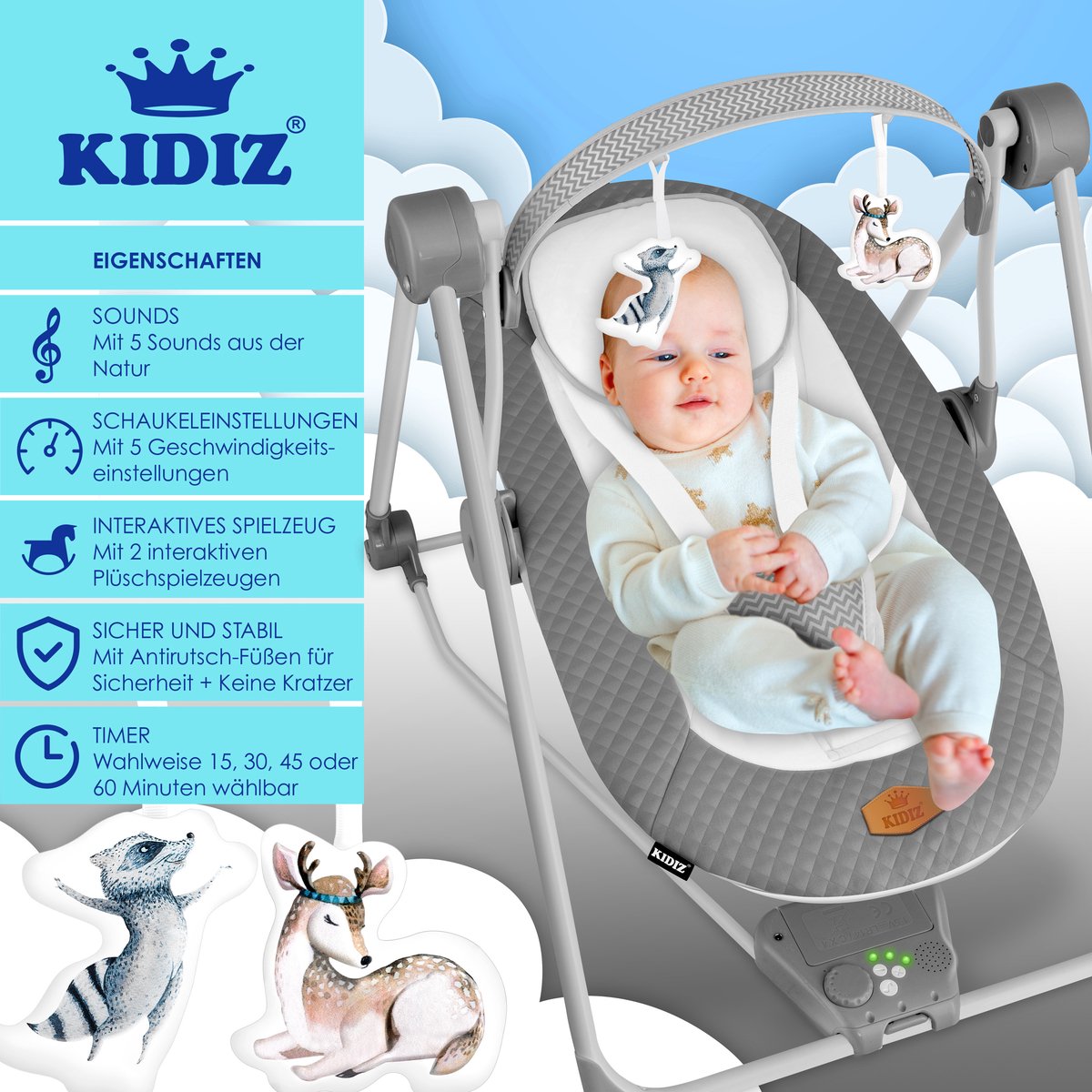 Wipstoel - Babyschommel - Baby Swing -  max 9kg - Antraciet - KIDIZ®