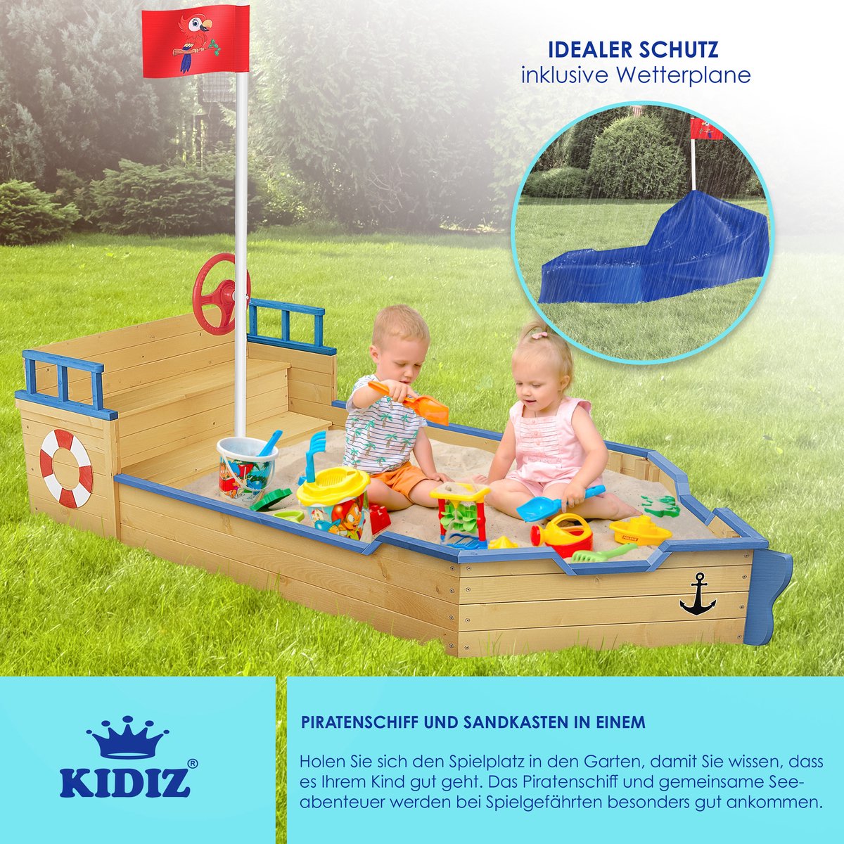 KIDIZ® Zandbak piratendesign - Met bankje - Bruin