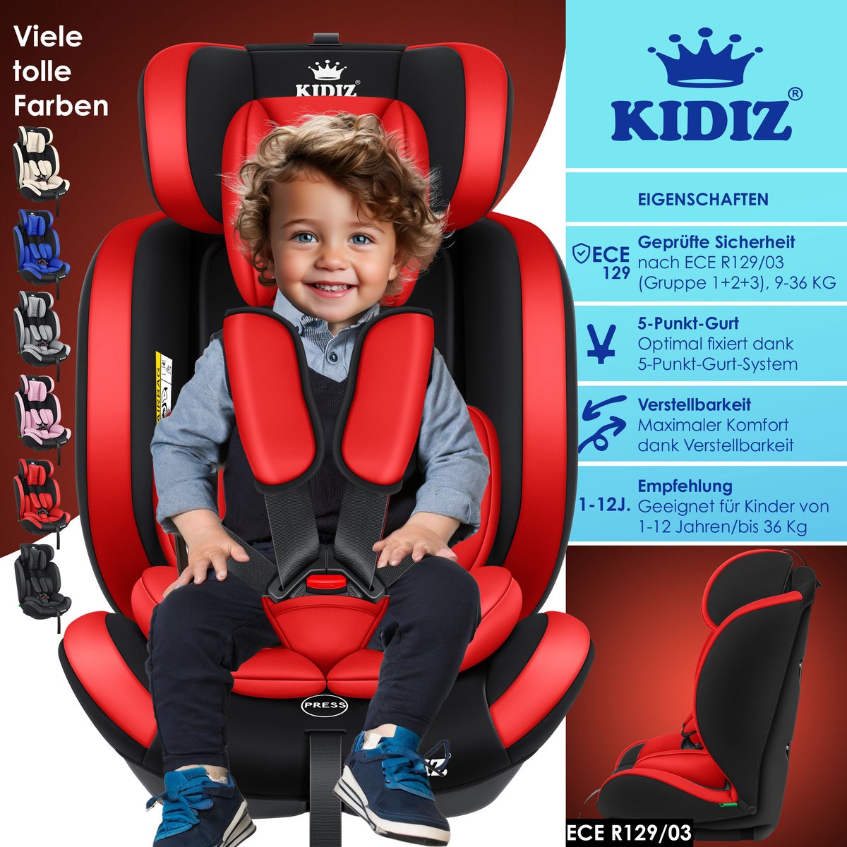 KIDIZ® Autostoeltje Groep 1+2+3  9-36 kg 5-punts veiligheidsgordel, Autostoeltje, Kinderzitje, Verstelbare Hoofdsteun | Stoelverhoger 1-12 jaar, Stabiel en Veilig - Rood