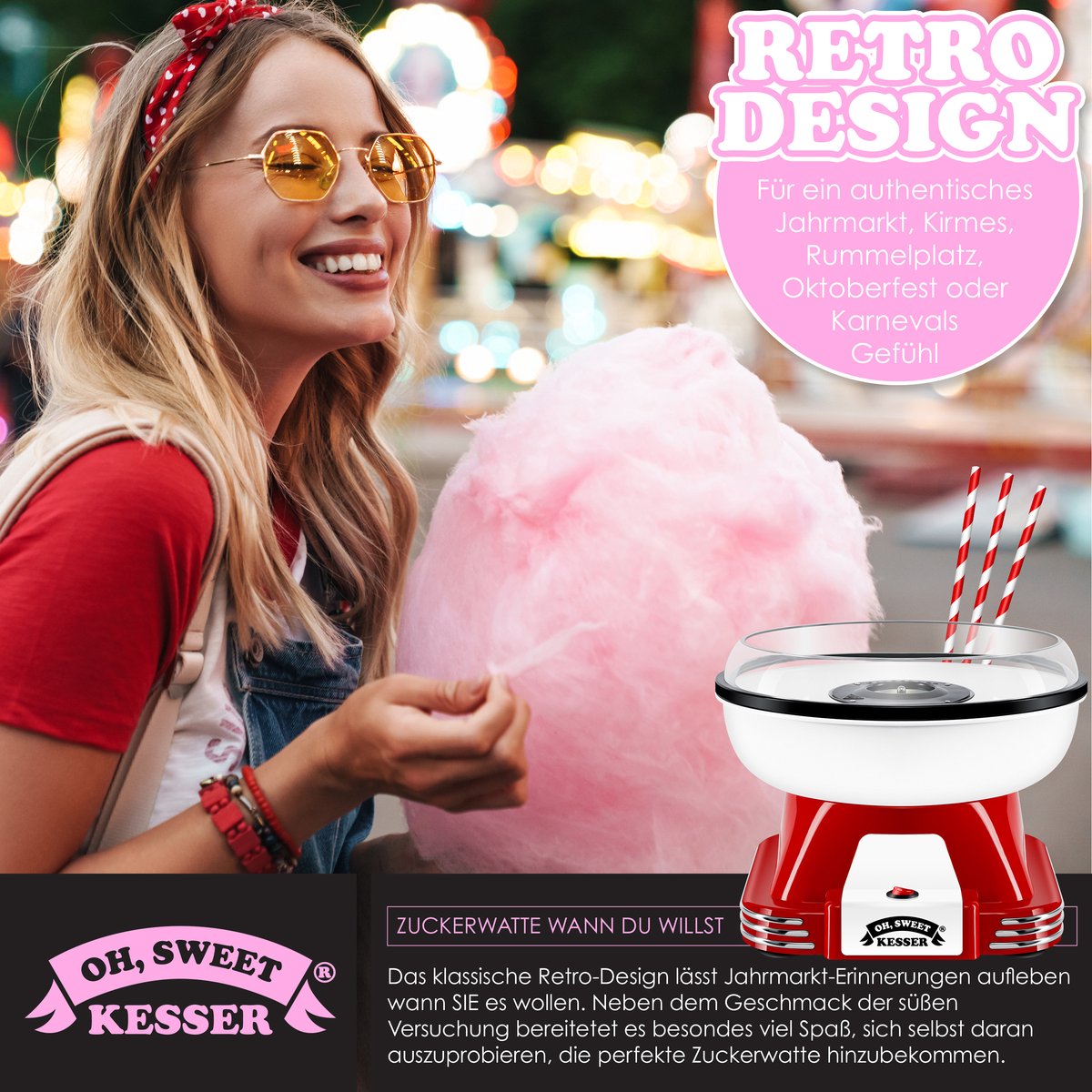 KESSER® Suikerspinmachine - Retro - 500W - Rood/Wit •