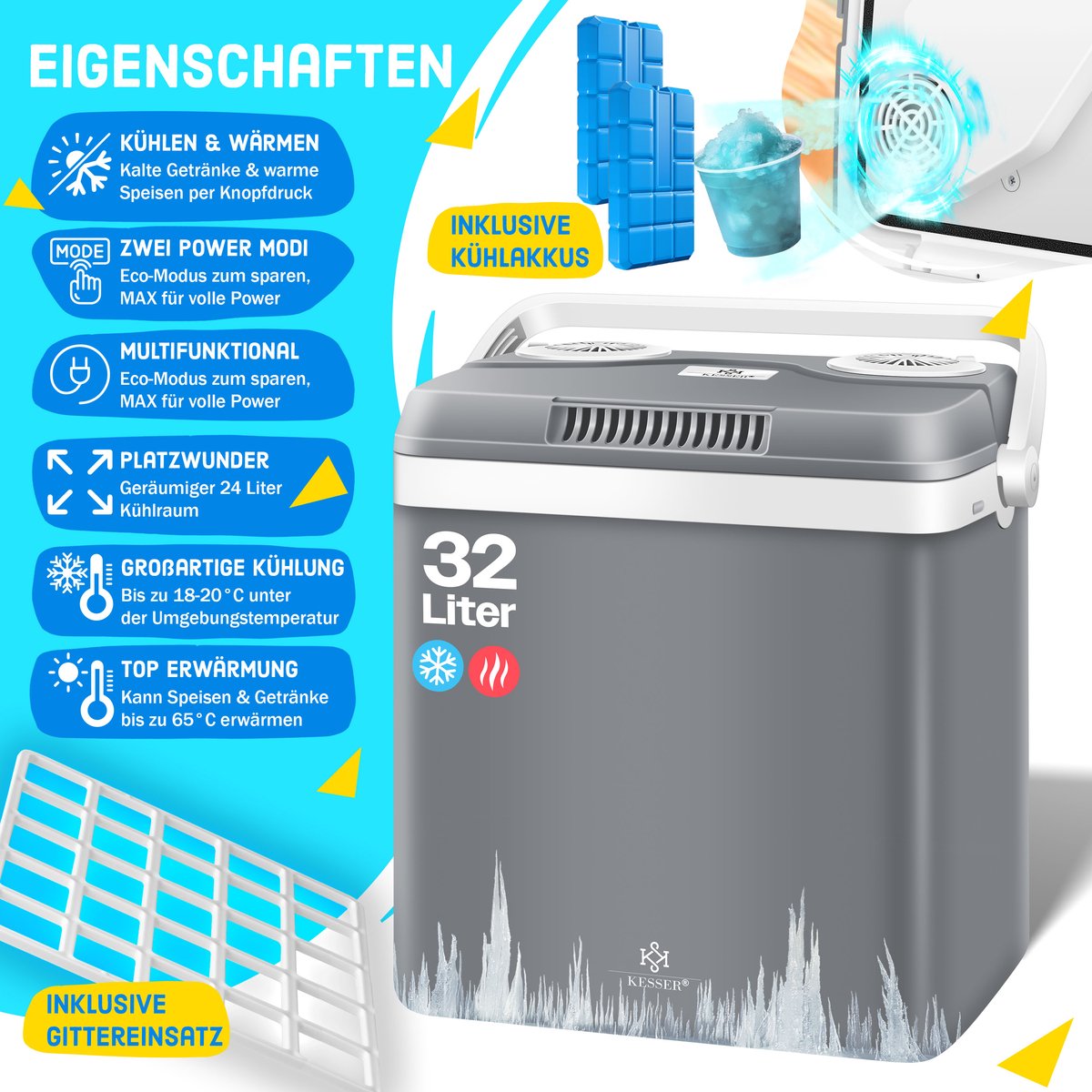 Koelbox Elektrisch – 12V en 230 volt - Coolbox - Frigobox - 32L – Grijs •