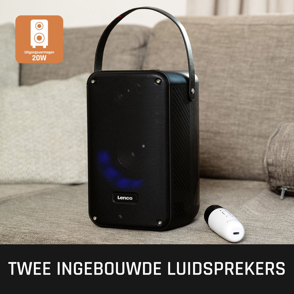 Lenco BTC-060BK - Draadloze Bluetooth Speaker 20W - Karaokeset met Microfoon en LED-verlichting - Zwart •