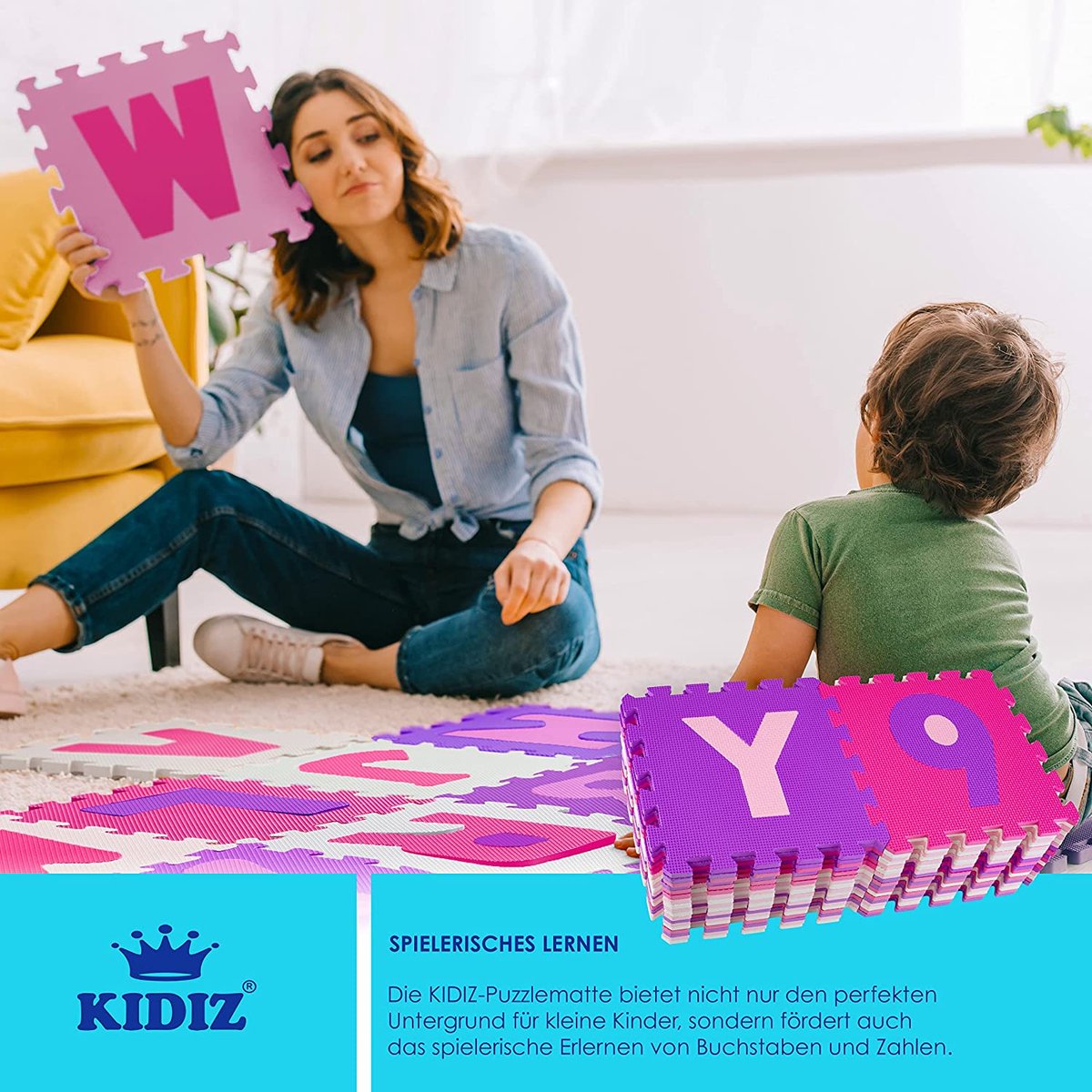 KIDIZ® 86-Delige Puzzelmat Speeltapijt Schuimmat Kindertapijt, Puzzel Cijfers en Letters Beschermende Mat - Roze