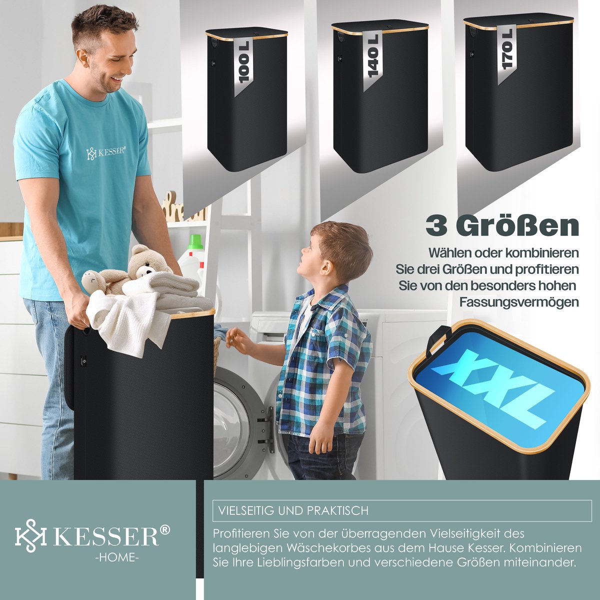 KESSER® Wasmand met Deksel - Opvouwbare Wasbox - Wassorteerder met Uitneembare 3x Waszakken inclusief wasinstructies - Zwart, 140 liter