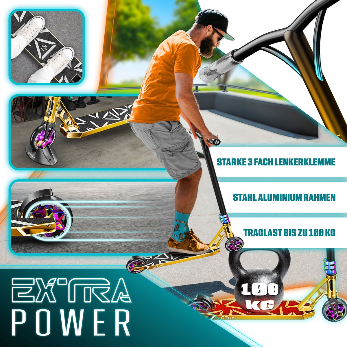 KESSER® Stuntstep GT-Limit 360° voor Volwassenen en Kinderen - Step met Standaard ABEC 9 Kogellagers, 110 mm PU Wielen Stunt Scooter - Goud