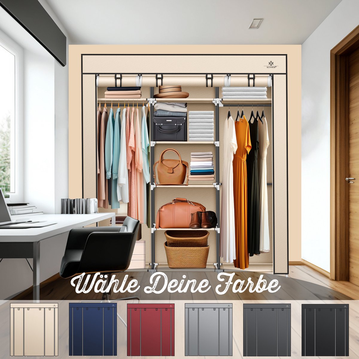 KESSER® Kledingkast in Stof en Metaal 150x45x175cm - opvouwbaare Garderobekast Stabiel met Kledingstang & Planken, Inclusief 5x Kledinghangers Kleerkast - Legplank Kast voor Slaapkamer met Kledingrek - Beige