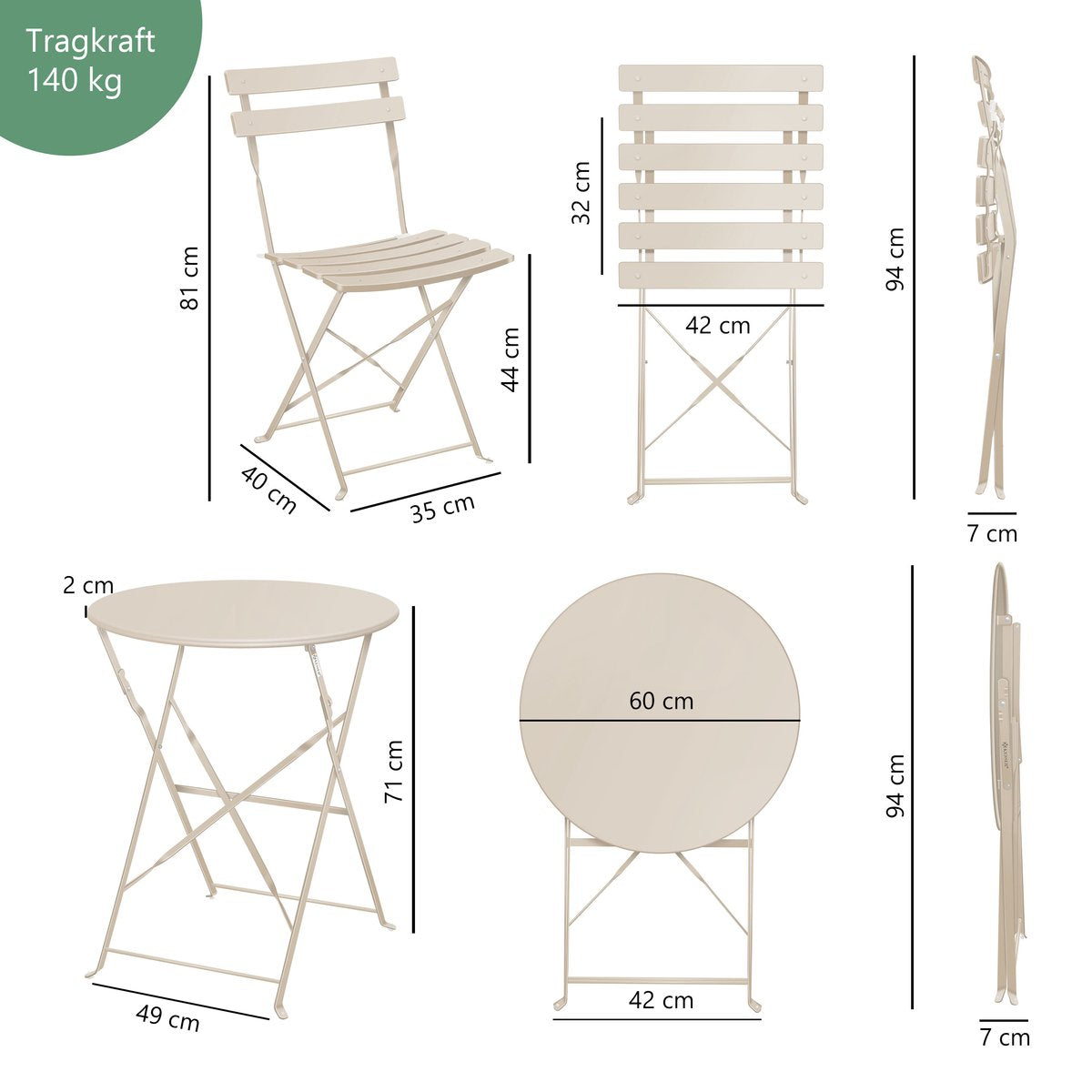 KESSER® Bistroset 3-delige Tafel met 2 inklapbaar stoelen - Balkonset Bistrotafel Bistrostoel Vouwmeubels Tuinset Zitgroep Metalen Tuintafel - Cappuccino