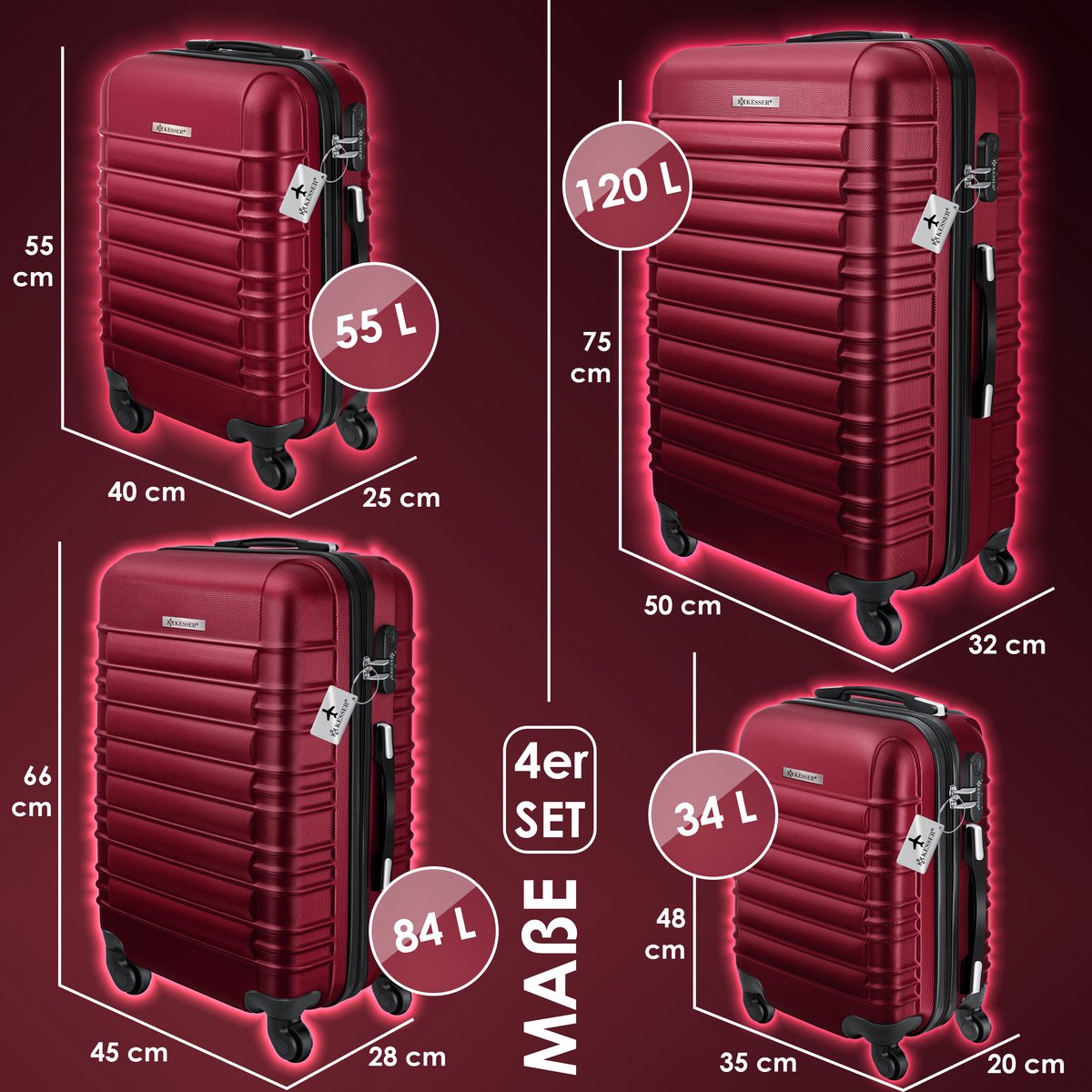 KESSER® 4x Koffer, reiskofferset, trolley koffer, incl. bagageweegschaal + bagagelabel rollend kofferslot, 4 wielen ABS, harde schaal telescoopgreep S-M-L-XL - Bordeaux