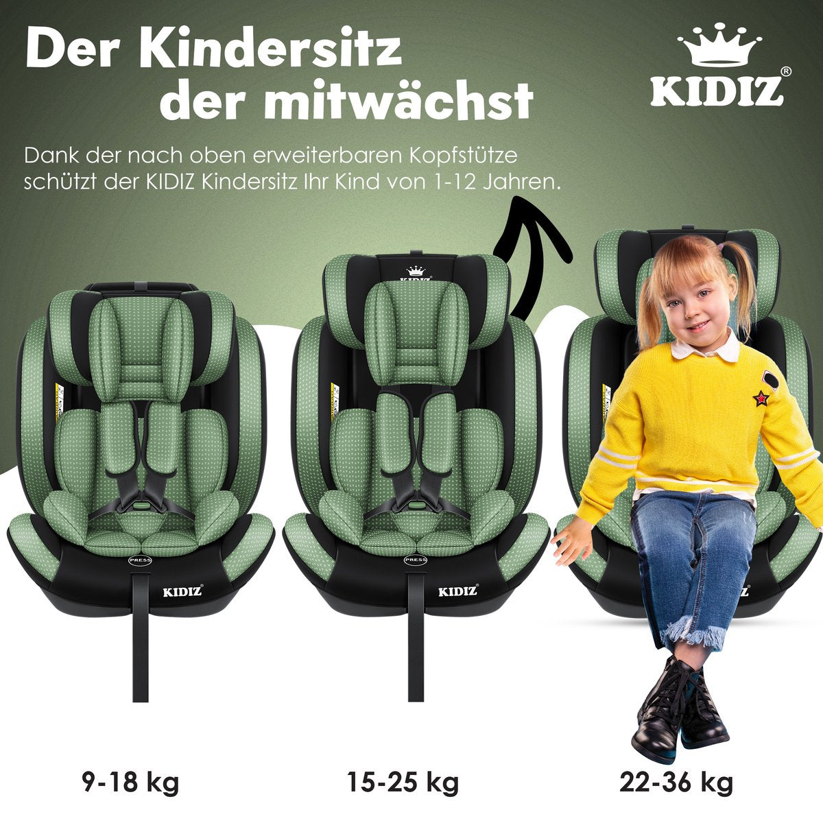 KIDIZ® Autostoeltje - 5-punts veiligheidsgordel - Groen