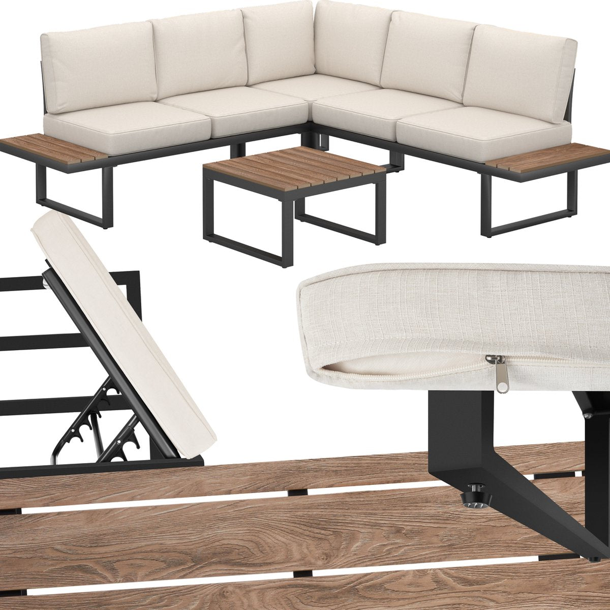 tectake® Tuinset Eilar - 4-Delige Loungeset - Weerbestendige Hoekbank met Aluminium Frame en Houtlook Zijtafeltjes - Tuintafel - Verstelbare Rugleuning - Te Gebruiken als Ligbed - Tuinmeubelset met Kussens - Ideaal voor tuin, balkon en terras