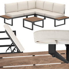 tectake® Tuinset Eilar - 4-Delige Loungeset - Weerbestendige Hoekbank met Aluminium Frame en Houtlook Zijtafeltjes - Tuintafel - Verstelbare Rugleuning - Te Gebruiken als Ligbed - Tuinmeubelset met Kussens - Ideaal voor tuin, balkon en terras
