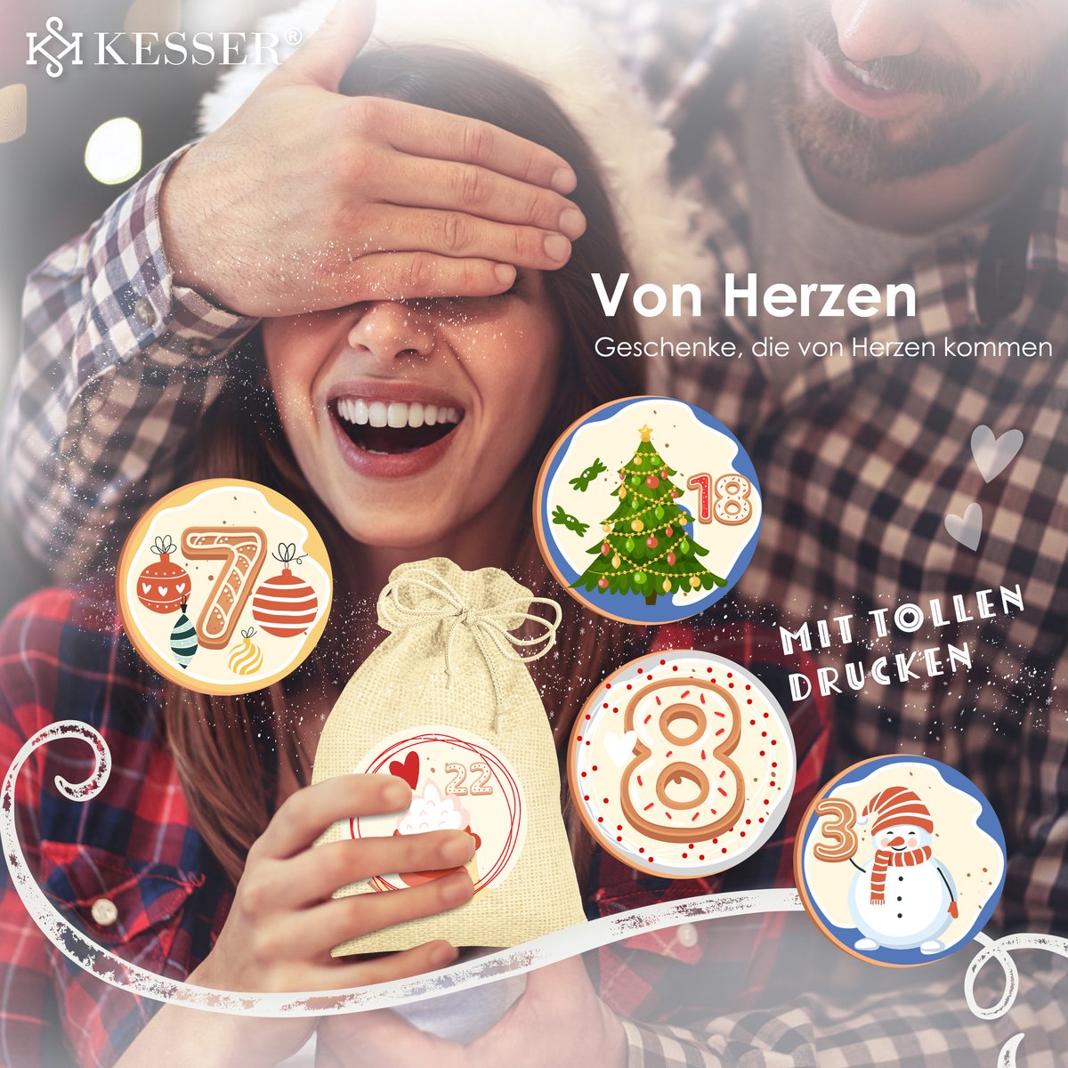 KESSER® Adventskalender om zelf te vullen 24 Jute Zakjes Bedrukte Stoffen Kerst Zakjes Incl. 24x Labels + 1 Grote Stoffen Opbergzak Advent Kalender - Blauw / Gekleurd - 16cm x 12cm