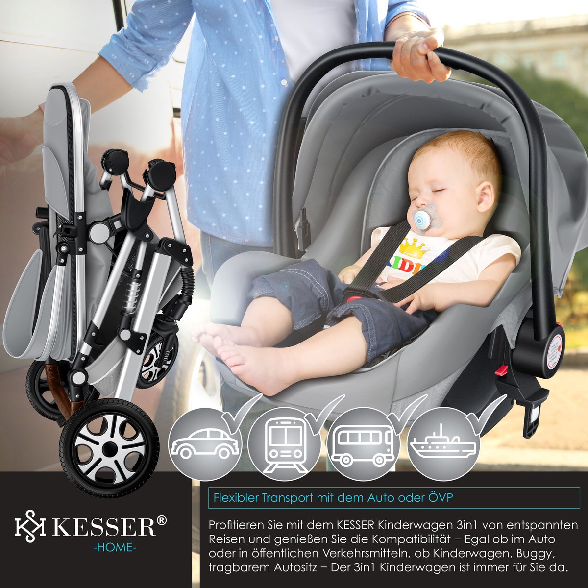 Kinderwagen 3 in 1 - Buggy - Wandelwagen - Kinderbuggy - Grijs - KESSER® •
