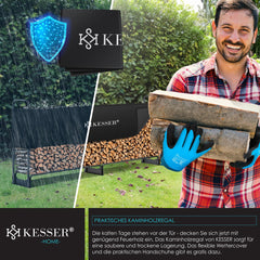 KESSER® Houtopslag voor Buiten - Metaal Houtrek 200kg Haardhout Opslag - Brandhout Rek met Stalen Frame + Afdekking & Handschoenen, Waterdichte Brandhoutrek Haardhoutrek - 260x36x117cm