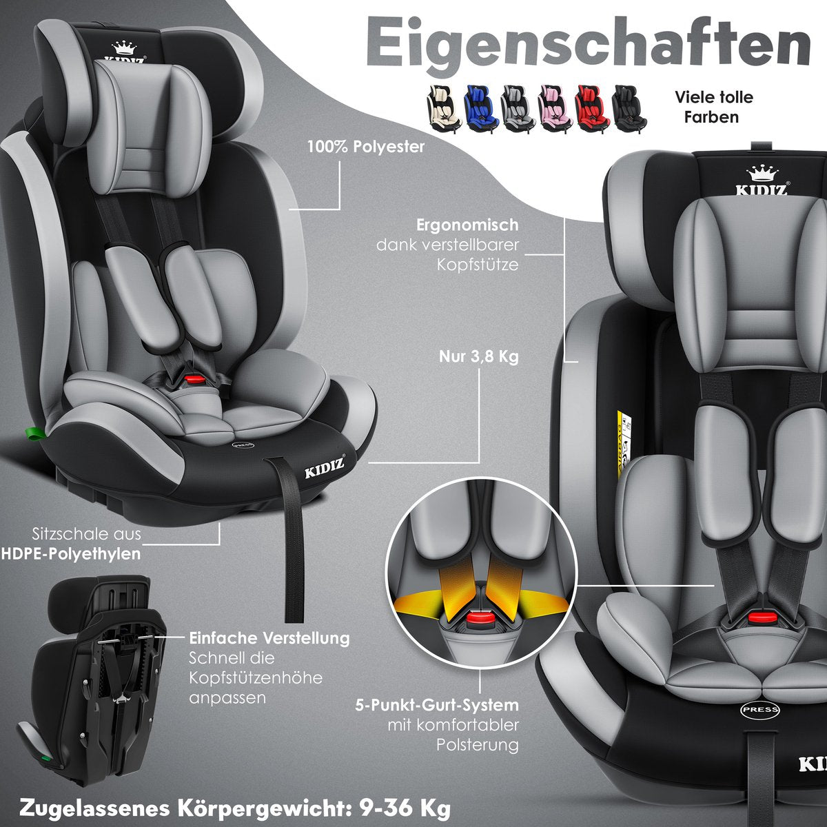 KIDIZ® Autostoeltje - 5-punts veiligheidsgordel - Grijs