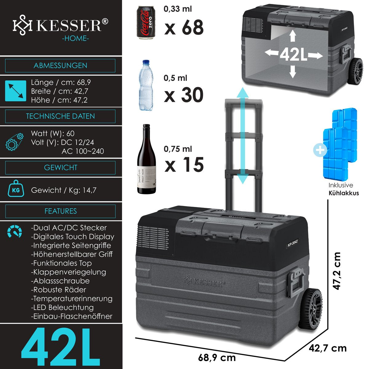 KESSER® Elektrische Koelbox - Compressor - tot -20°C - 42L - Zwart