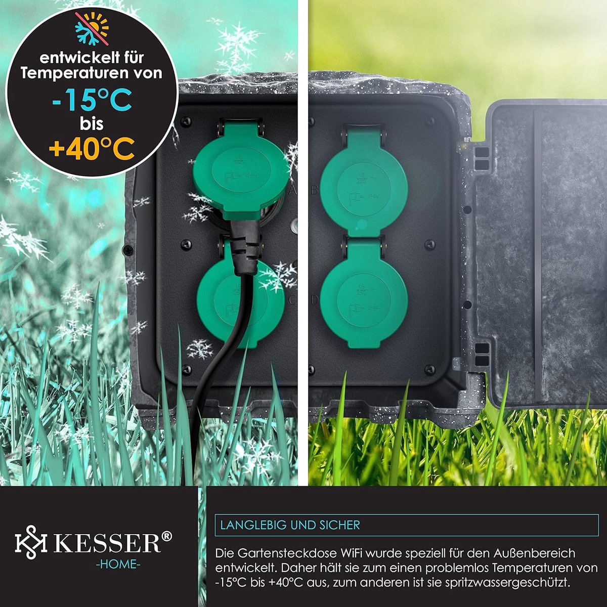 KESSER® Tuinstopcontact - 4 stopcontacten - IP44 waterdicht - Antraciet