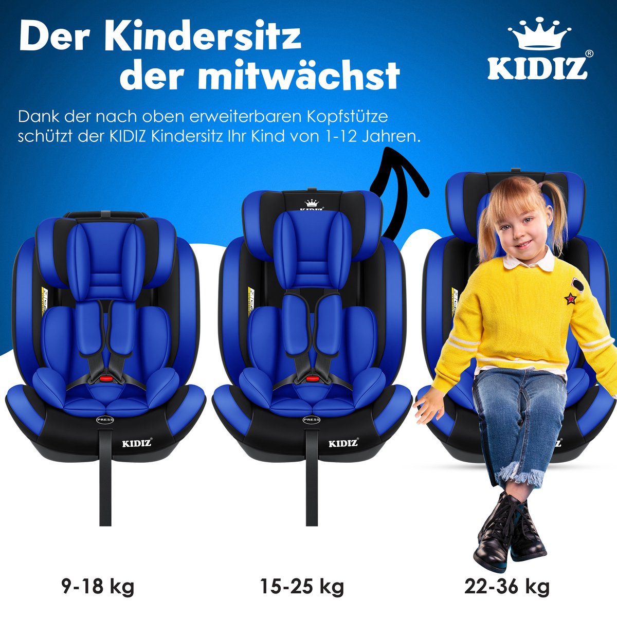 KIDIZ® Autostoeltje - 5-punts veiligheidsgordel - Blauw
