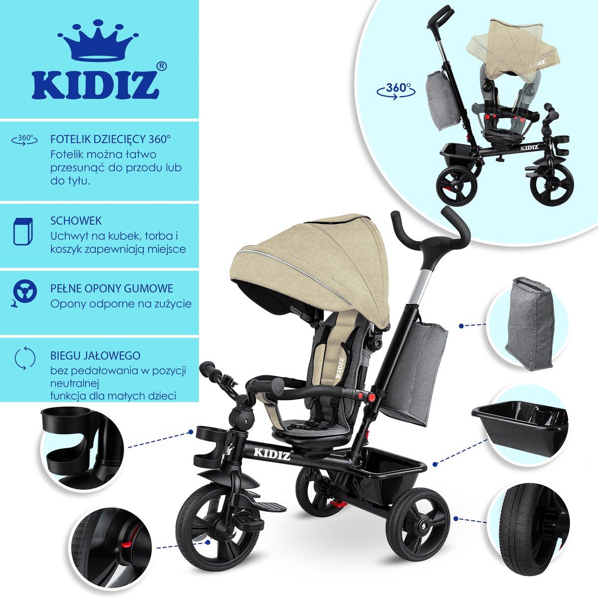 KIDIZ® 5in1 Kinderfiets - Loopfiets - Driewieler - Beige