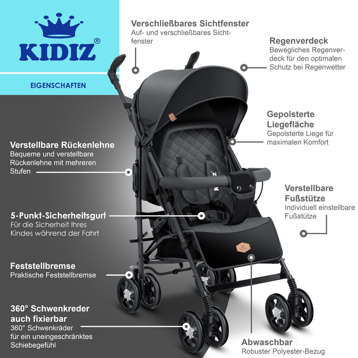 KIDIZ® Kinderwagen - Wandelwagen - Kinderbuggy - Antraciet