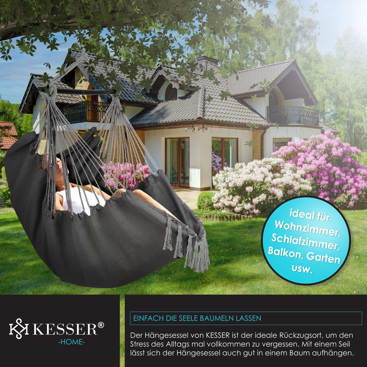 KESSER® XXL Hangstoel - 2 Kussens - Tot 150 kg - Antraciet •