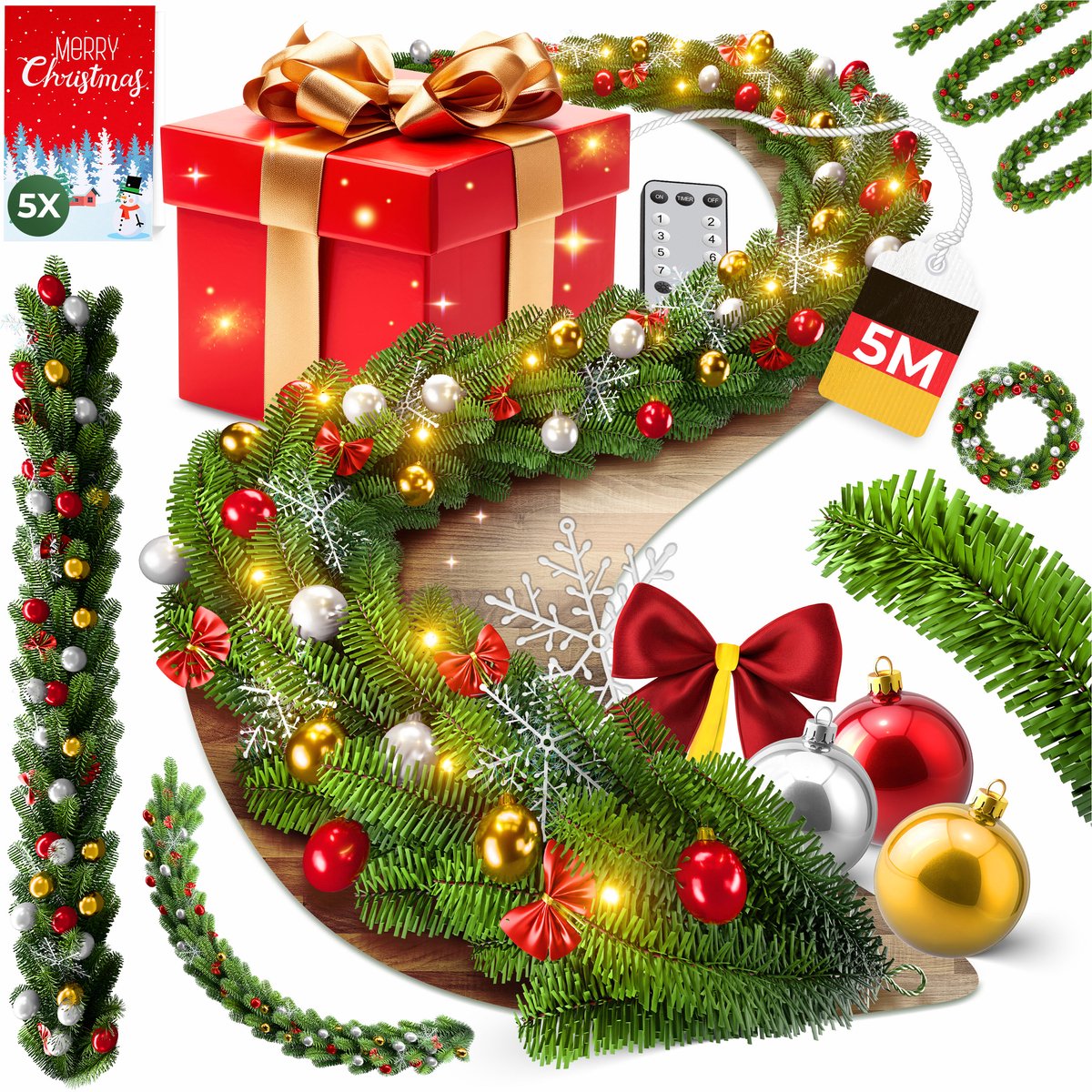 KESSER® Kerstslinger | Guirlande met 100 LED's warmwit Lampjes - Kerstversiering, Kerstguirlande LED verlichting voor Kerstboom en Binnen & Buiten, Kerstverlichting Slinger voor Kerstmis - Groen, 5M / 100 LEDs met afstandsbediening