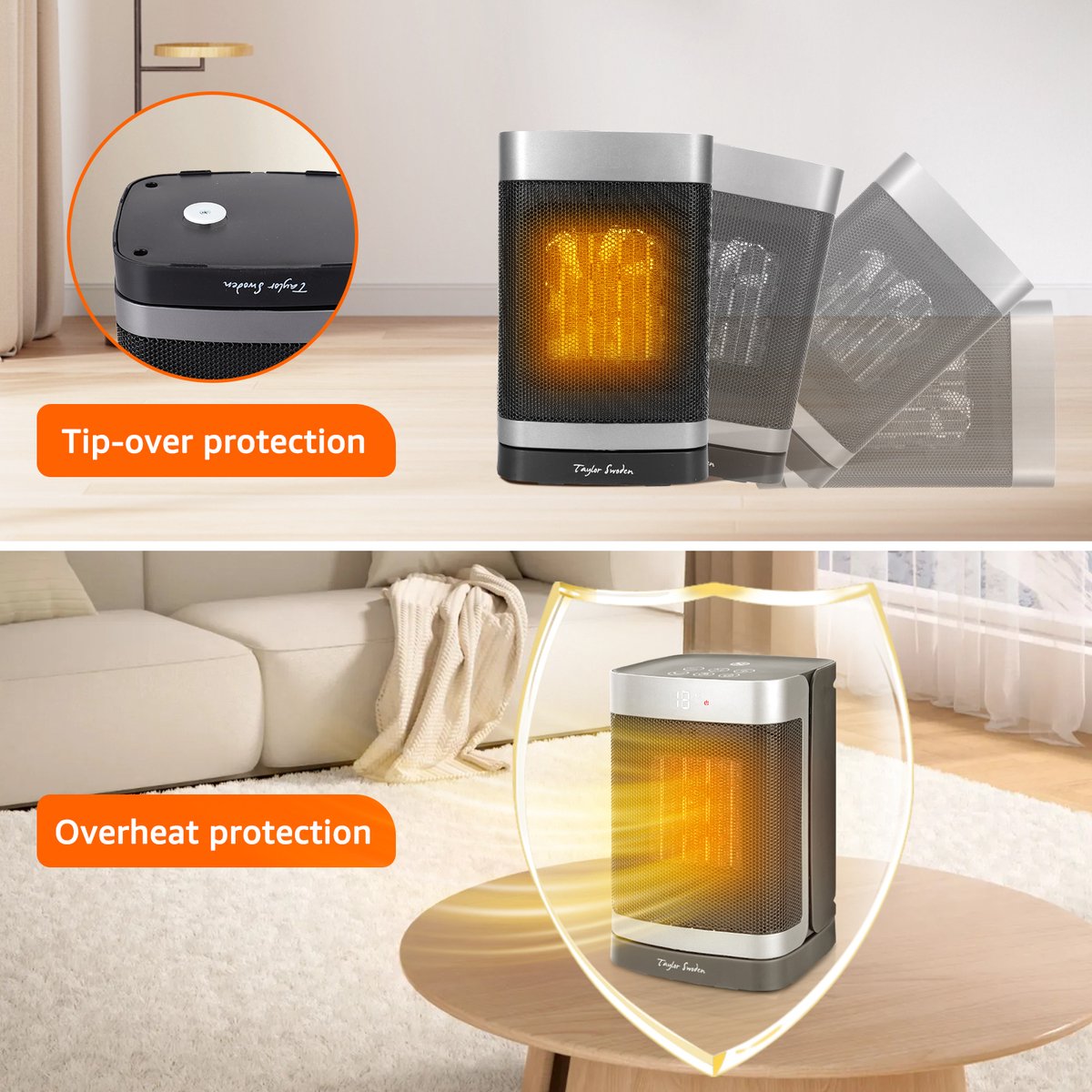 Taylor Swoden Fiery - Elektrische Kachel - Keramische Kachel - 4 StandenTimer - Met Thermostaat - Met Afstandsbediening - Roterend - 1500W - Zwart