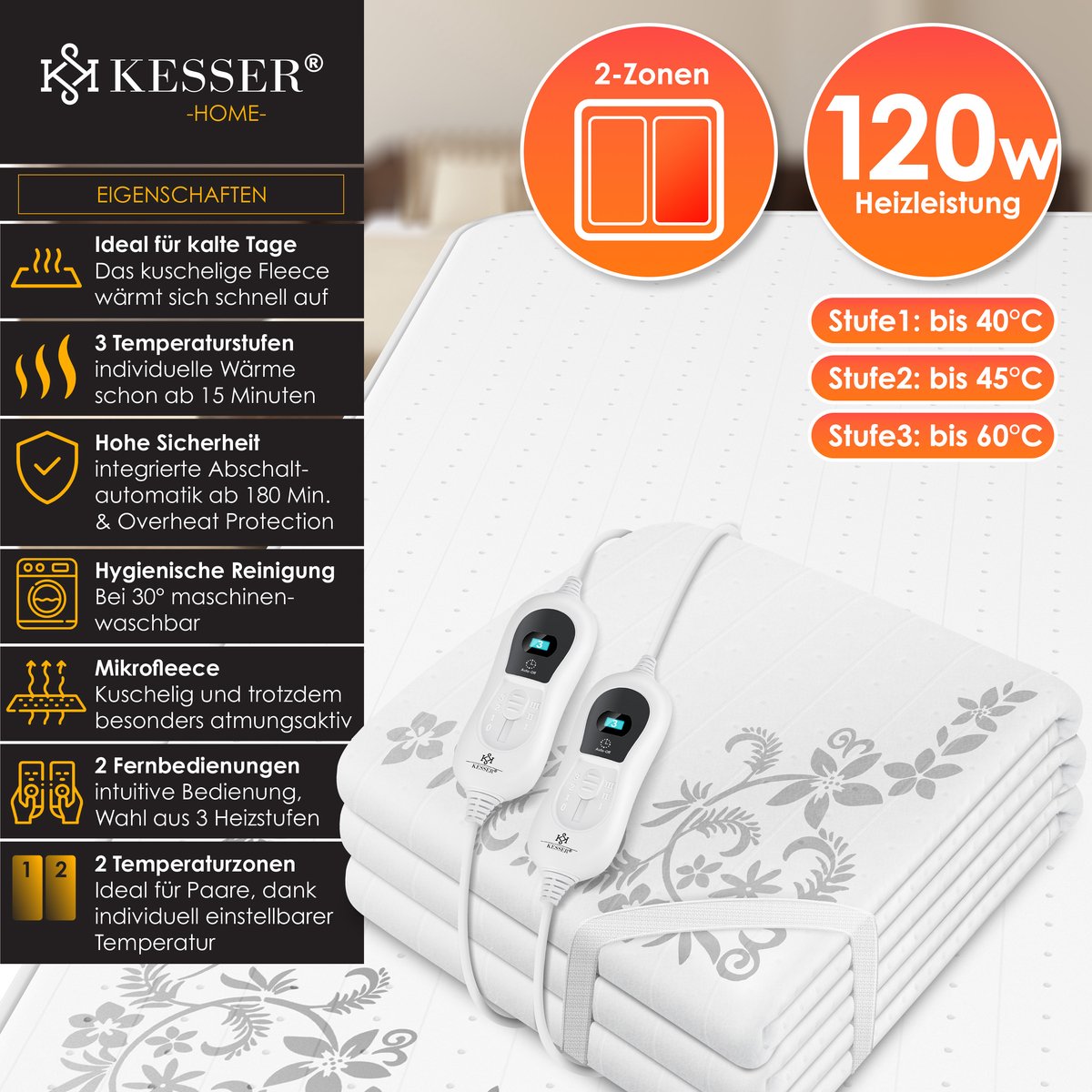 KESSER® Elektrische Onderdeken Warmtedeken met automatisch uitschakelende afstandsbediening | warmte deken met 3 temperatuurstanden | voor matrasverwarming | van zacht fleece - Wit met motief (160 cm x 140 cm)