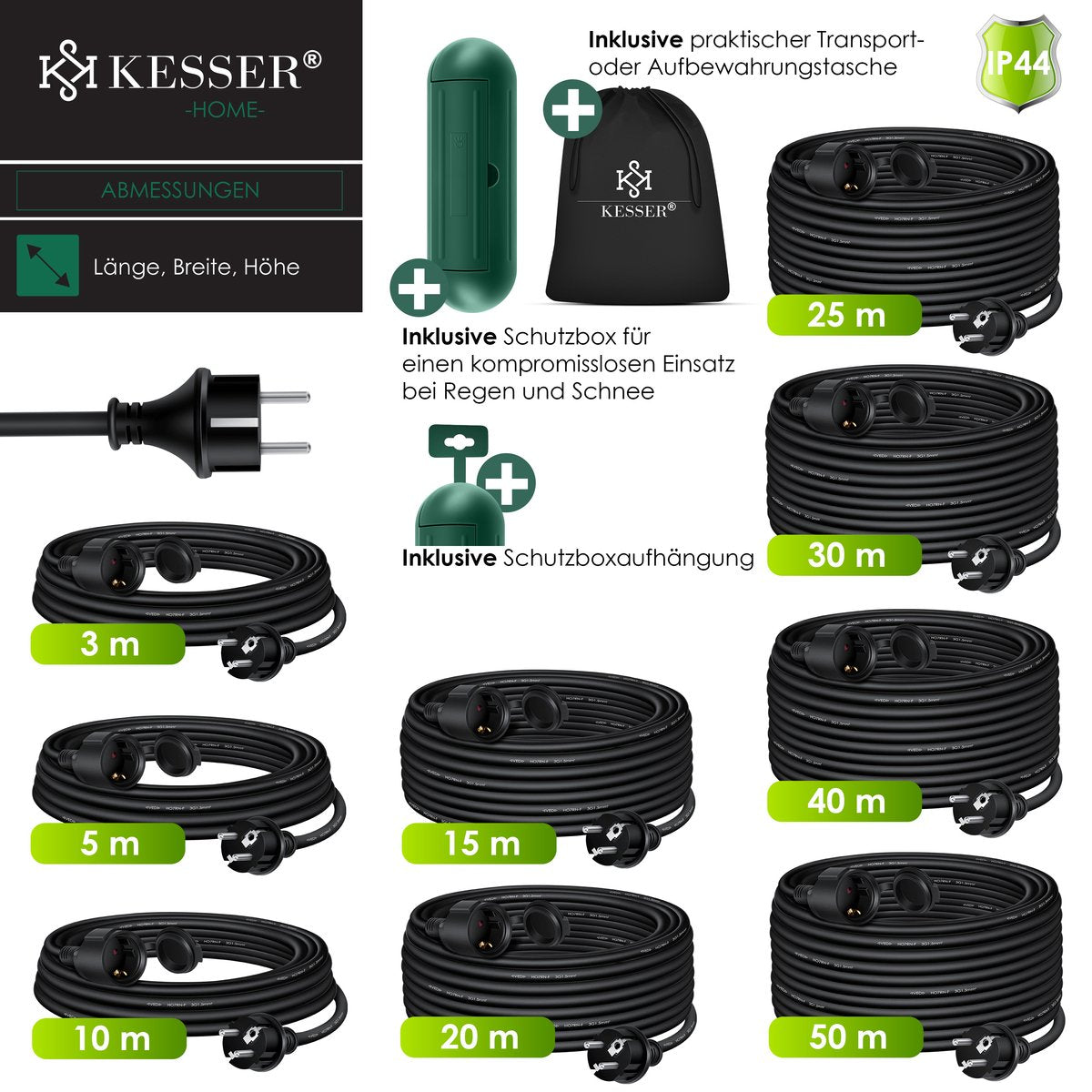 KESSER® Verlengkabel 40 meter voor binnen en buiten IP44 - Zwart
