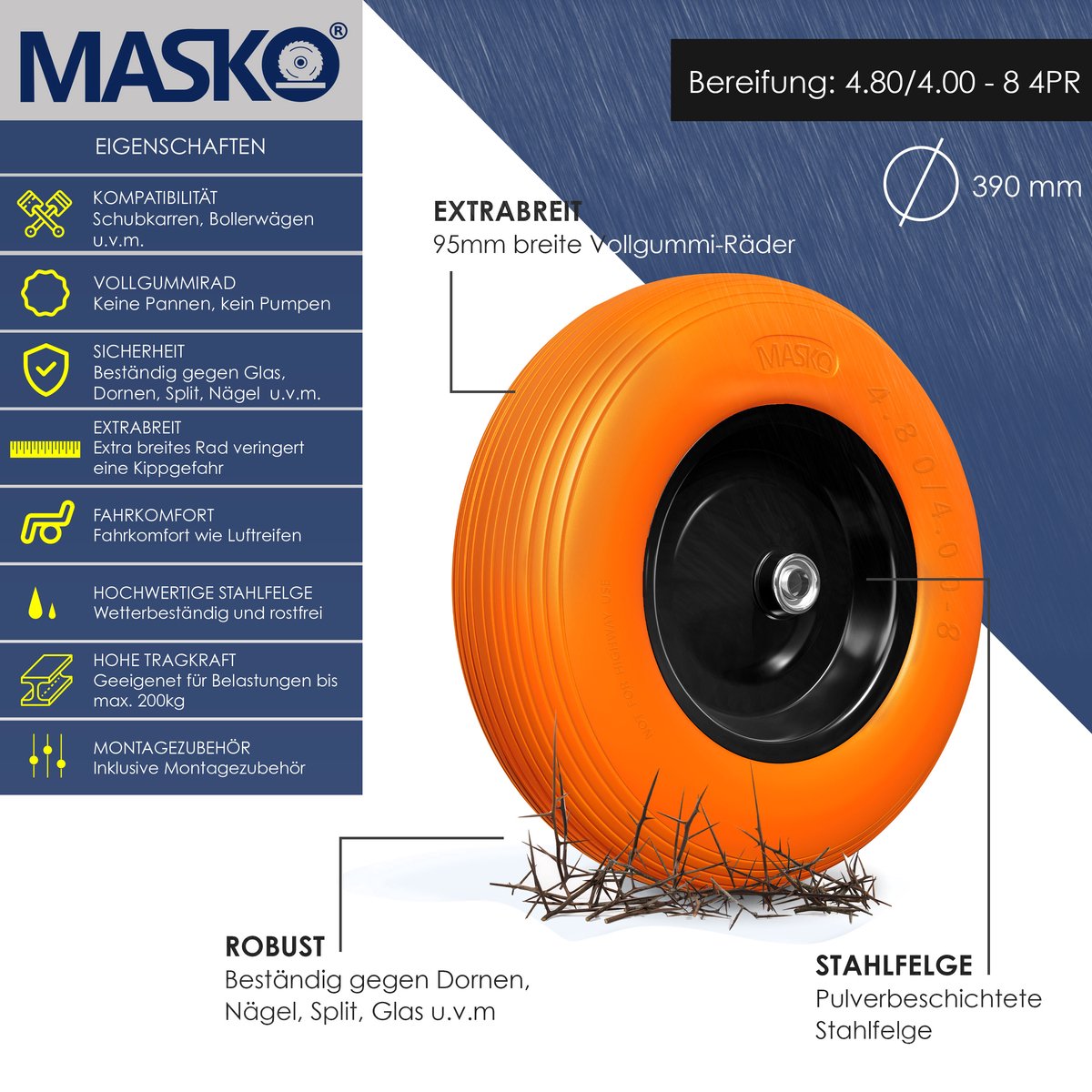 MASKO® Kruiwagenwiel Massief - 4.80/4.00-8 Ø 390mm - Oranje